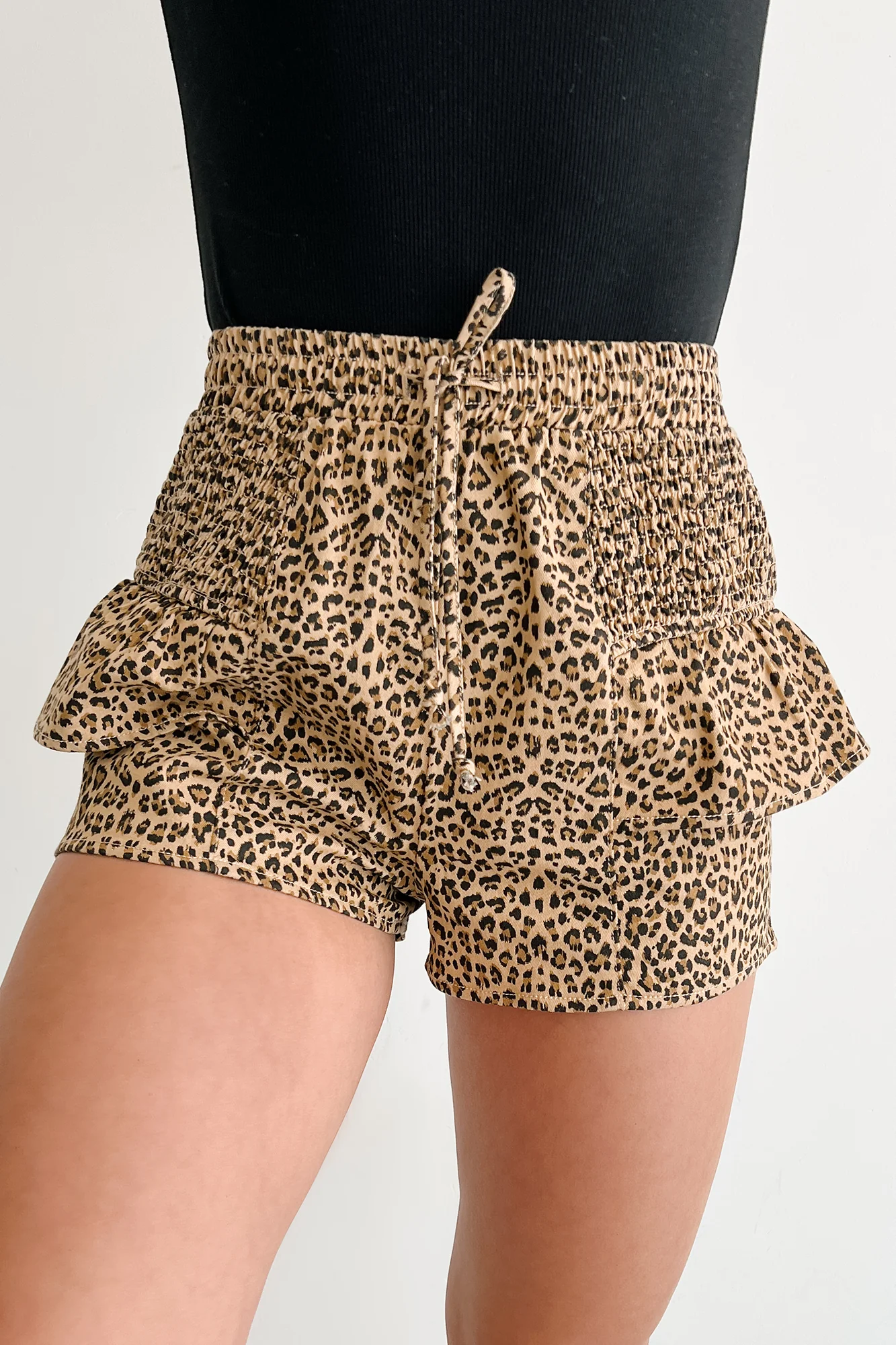 Partying Hard Smocked Leopard Shorts (Taupe/Black) - Image 5
