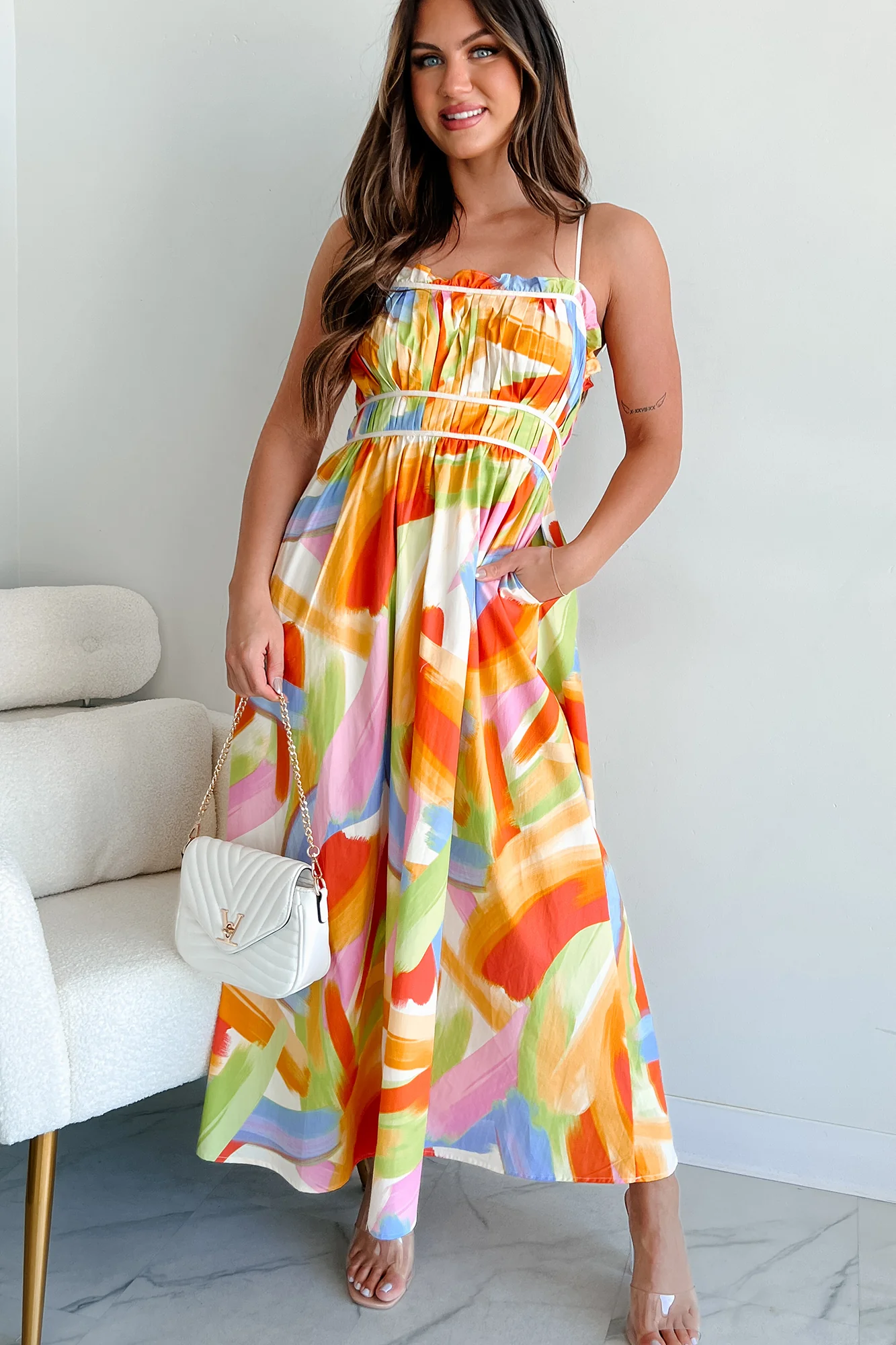Passionate Response Printed Maxi Dress (White/Blue/Yellow) - Image 3
