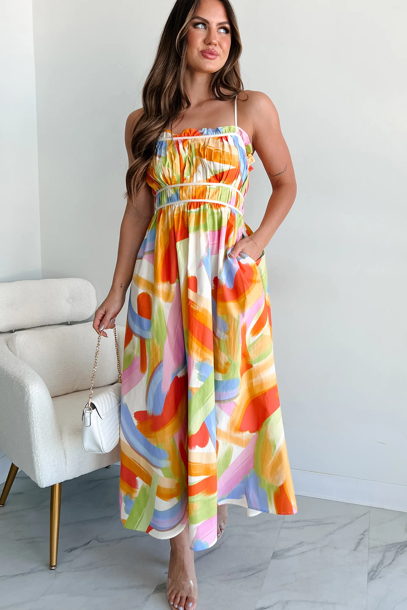 Passionate Response Printed Maxi Dress (White/Blue/Yellow) - Image 5