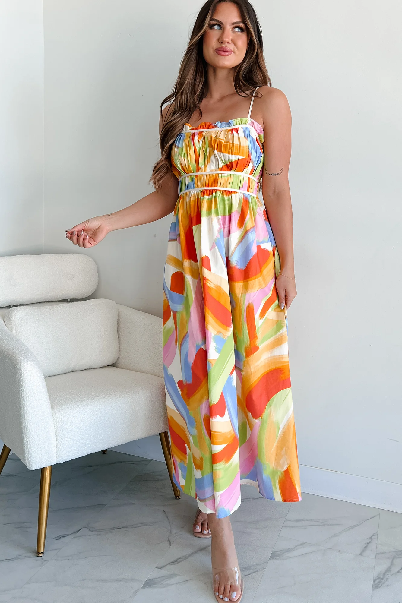 Passionate Response Printed Maxi Dress (White/Blue/Yellow) - Image 6