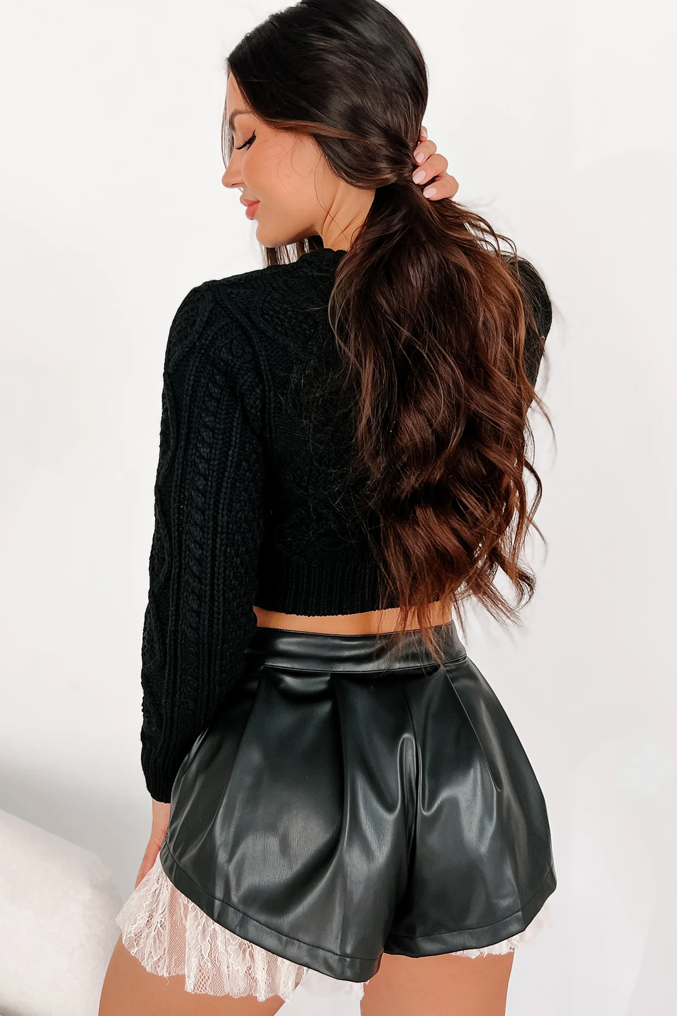 Pay It Forward Cable Knit Crop Sweater (Black) - Image 5