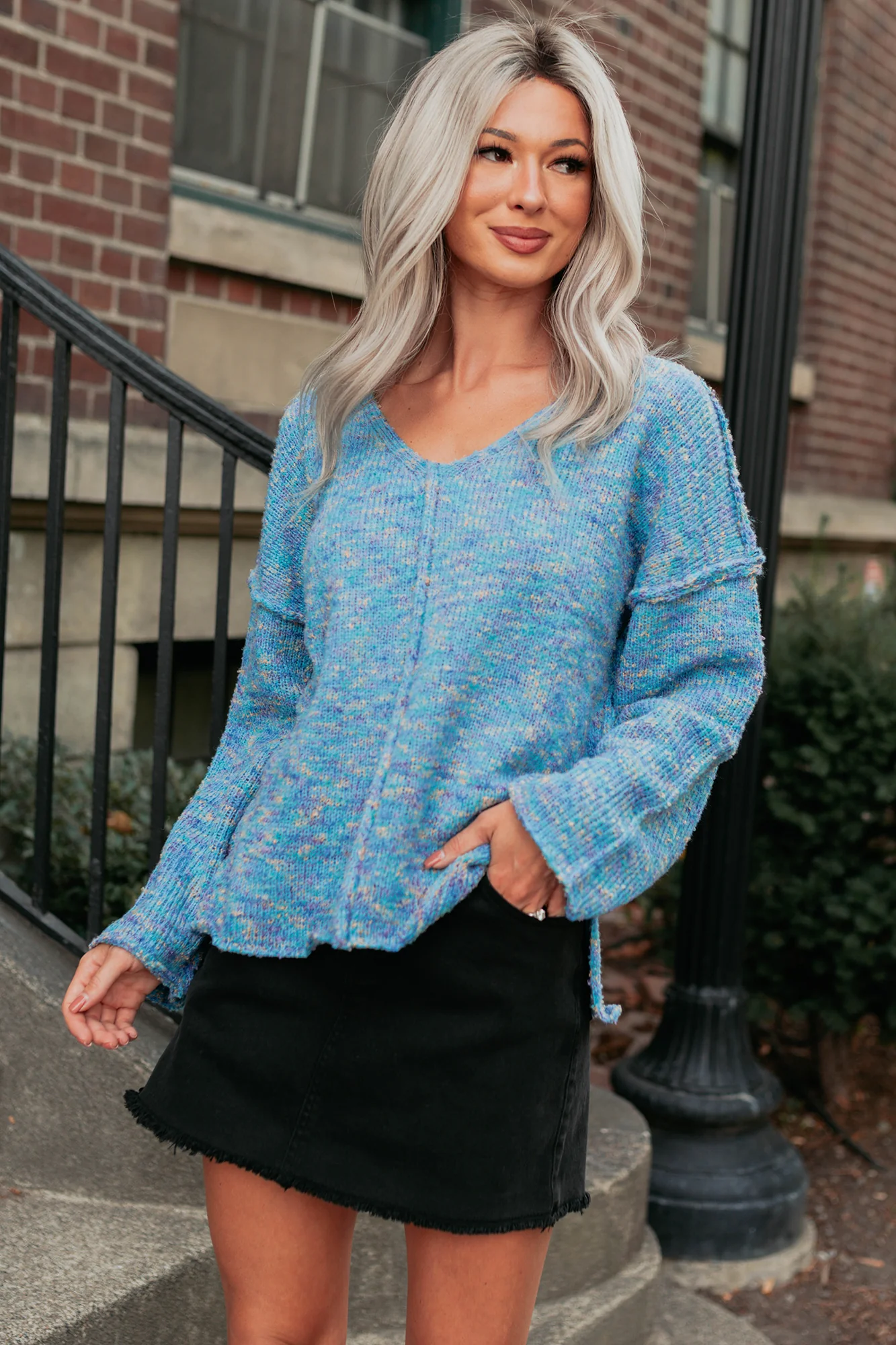 Peace Priority Oversized Knit Sweater (Blue Mix) - Image 4