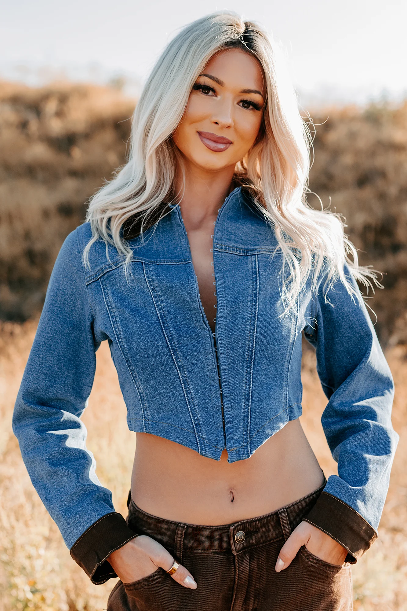 Peachy Prairie Cropped Denim Corset Jacket (Medium) - Image 5