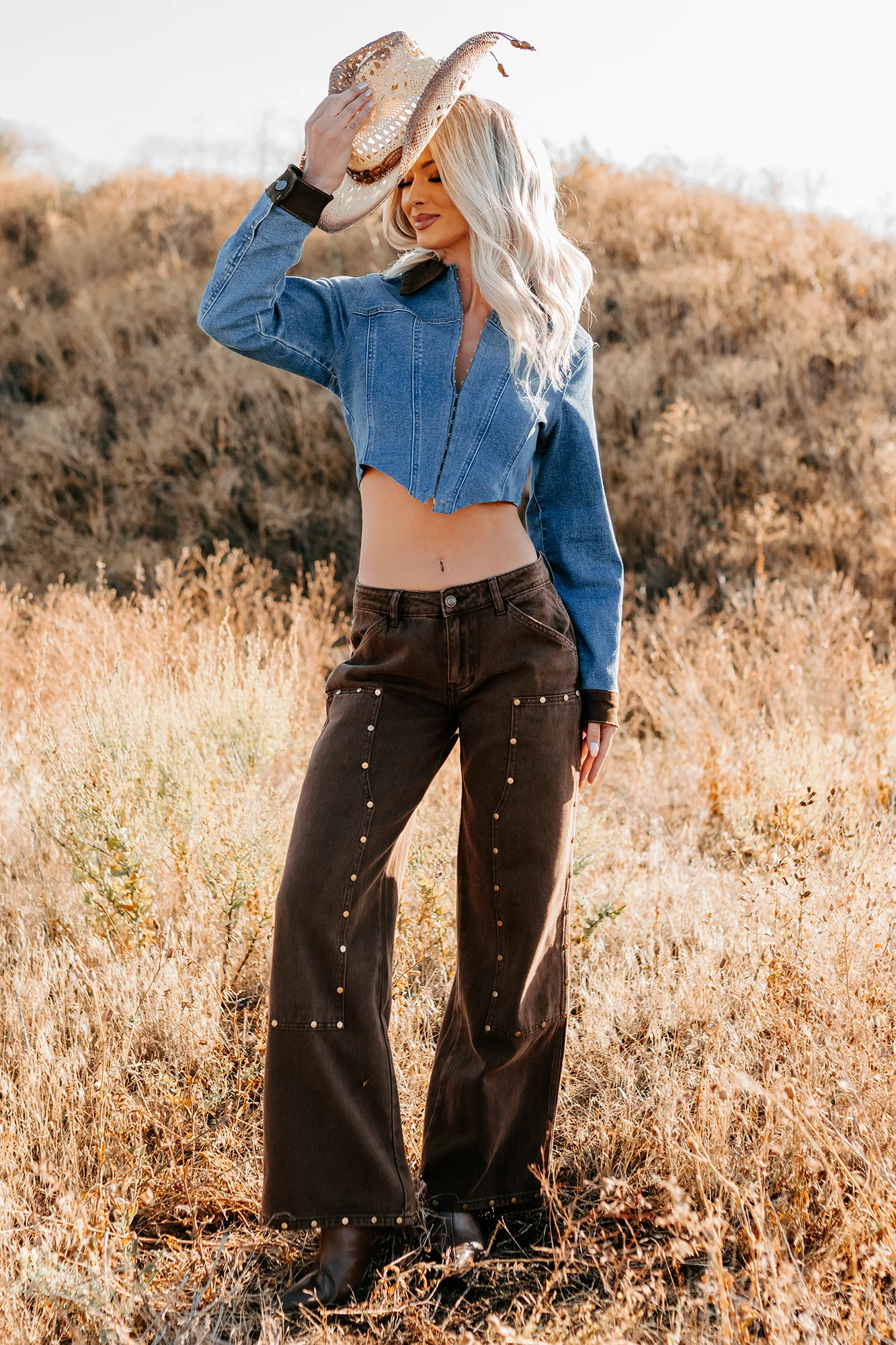 Peachy Prairie Cropped Denim Corset Jacket (Medium) - Image 7