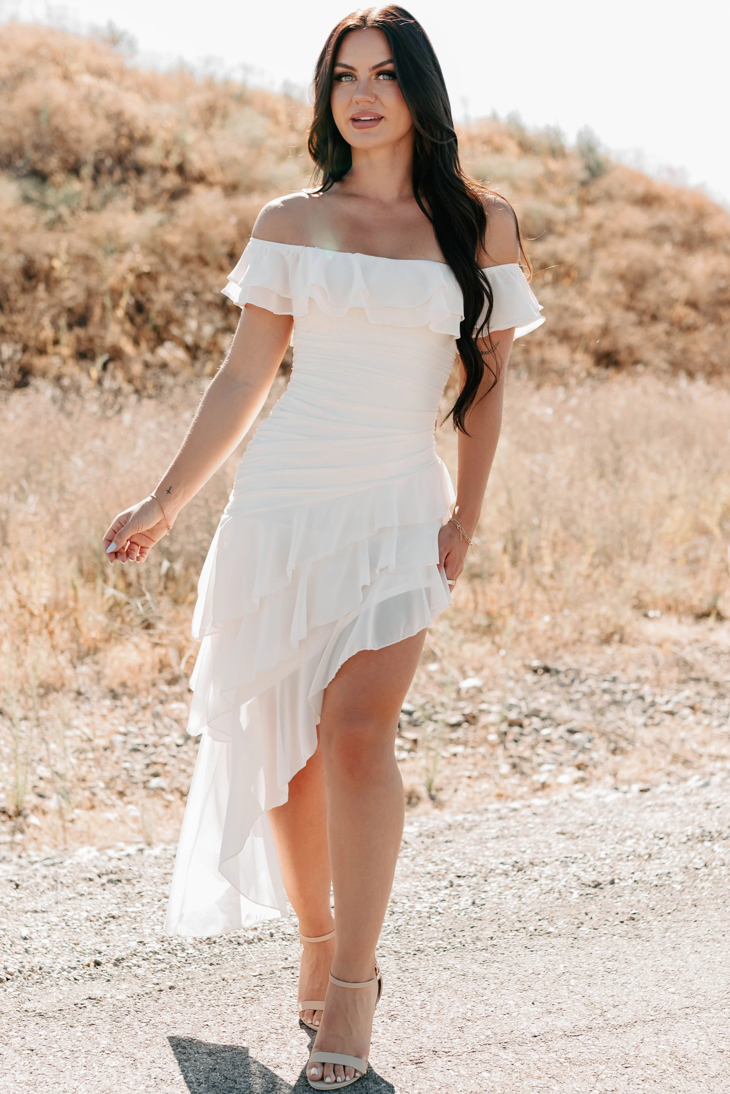 Perfectly Peachy Off The Shoulder Mini Dress (Ivory) - Image 2