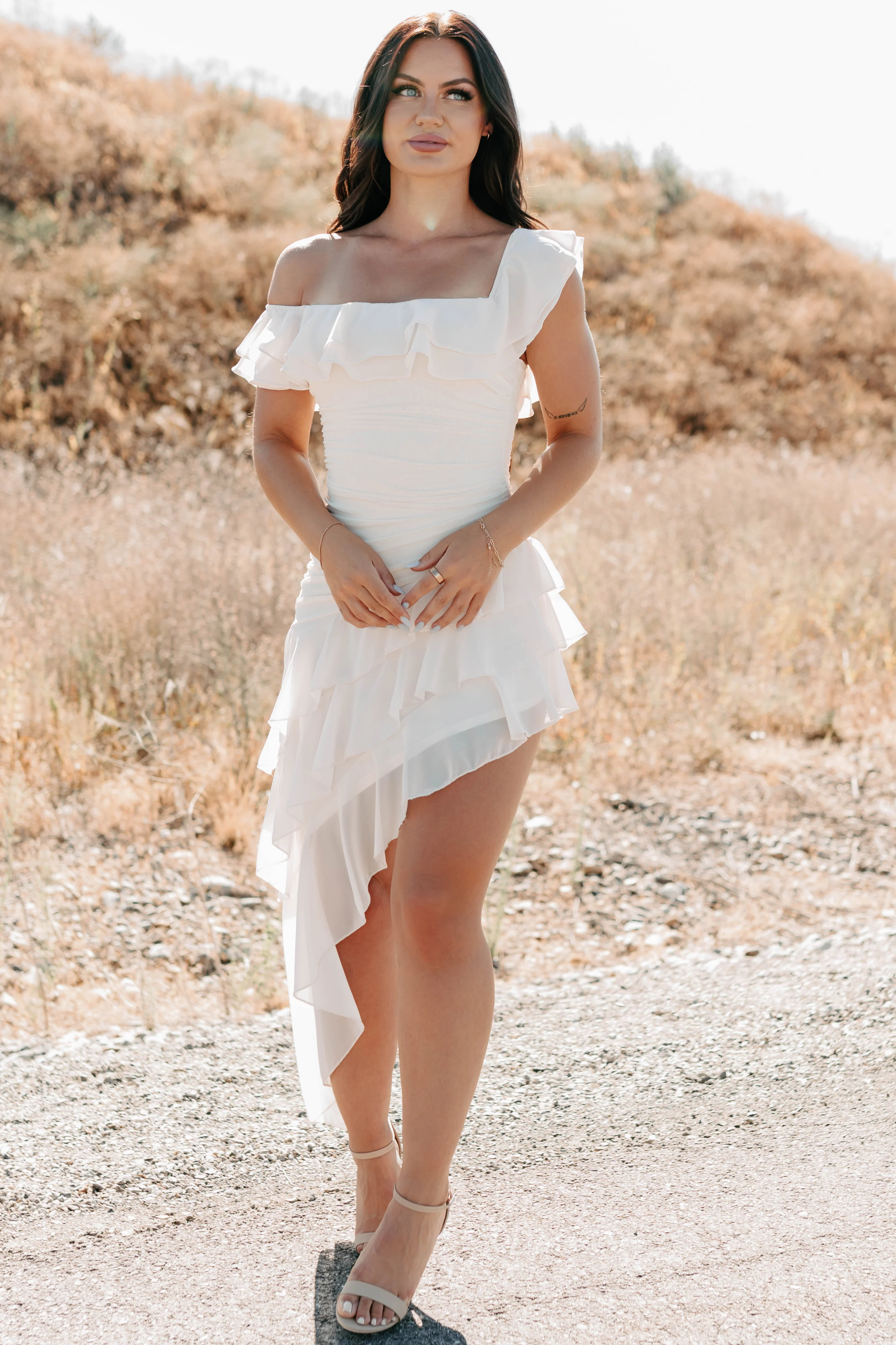 Perfectly Peachy Off The Shoulder Mini Dress (Ivory) - Image 5