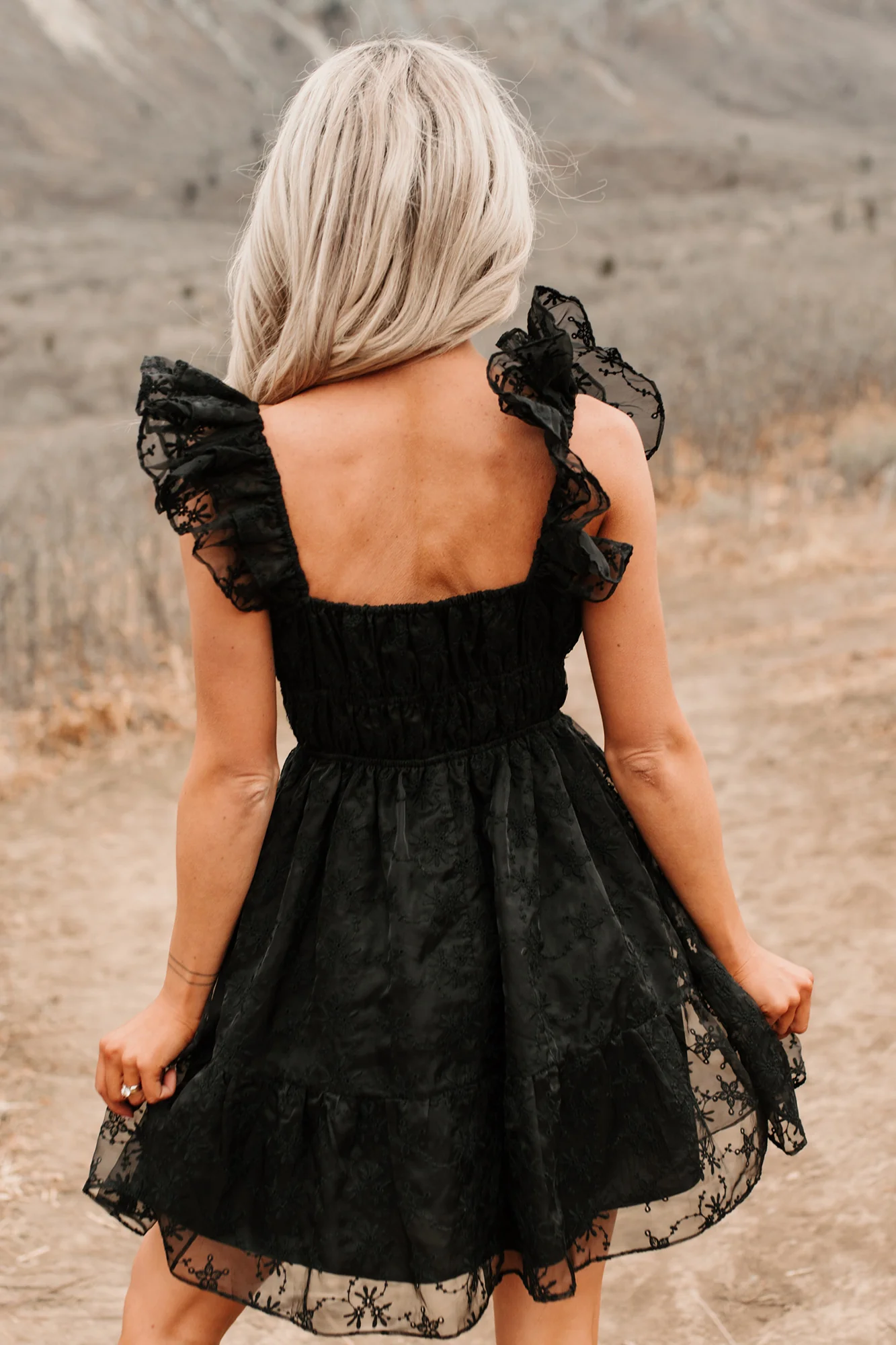 Petals In The Sun Chiffon Embroidered Mini Dress (Black) - Image 6