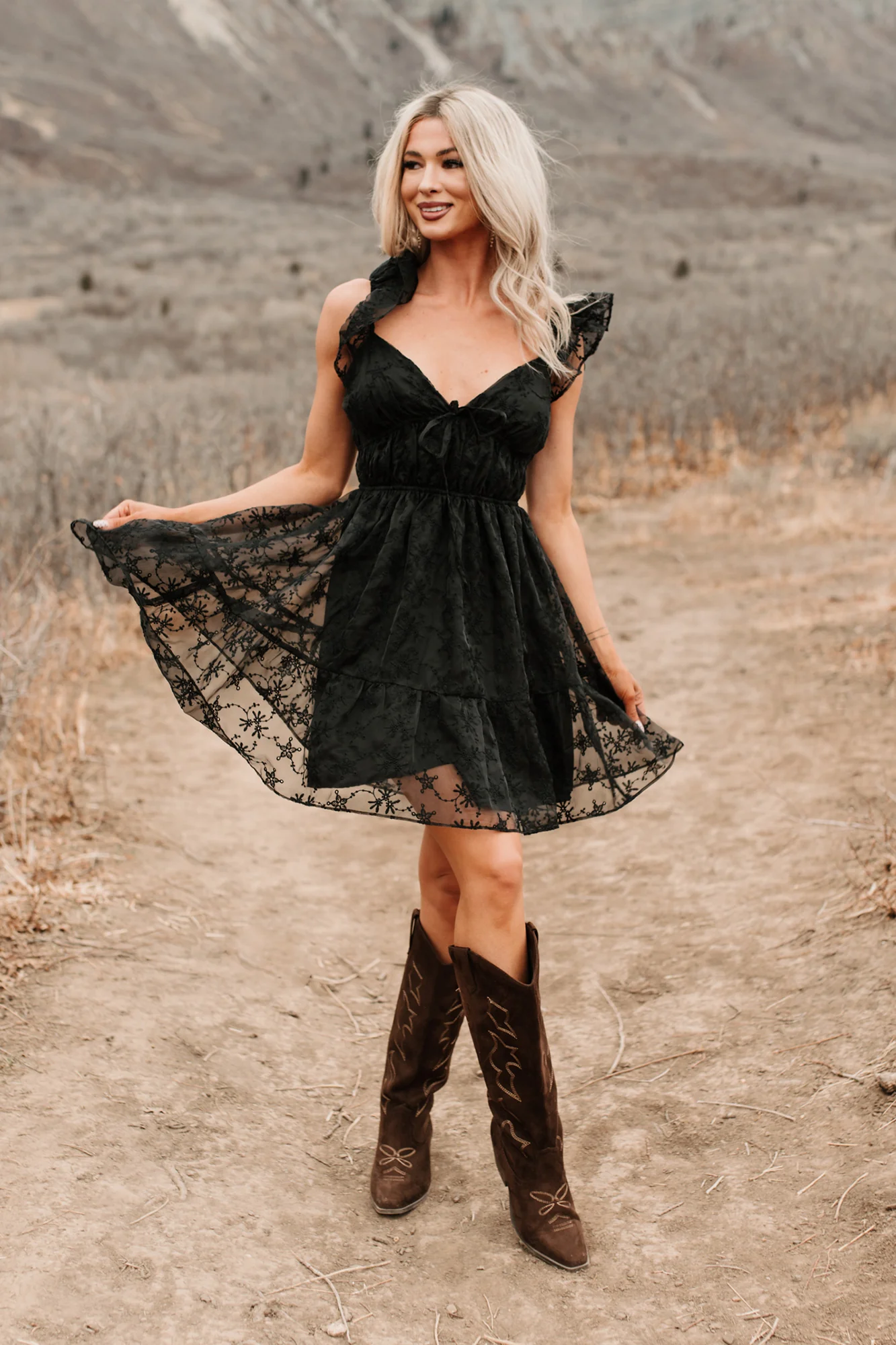 Petals In The Sun Chiffon Embroidered Mini Dress (Black) - Image 7
