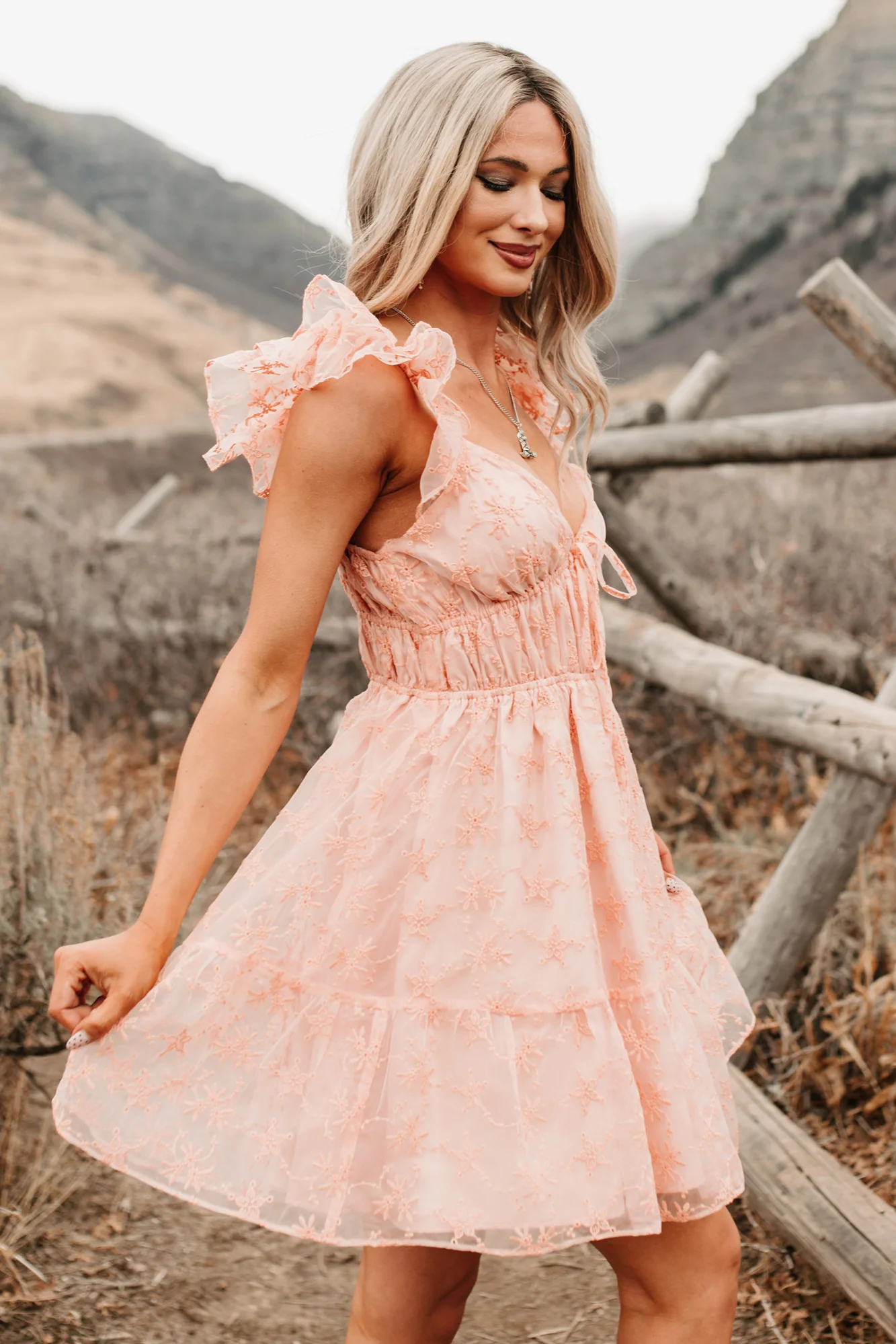 Petals In The Sun Chiffon Embroidered Mini Dress (Coral) - Image 6