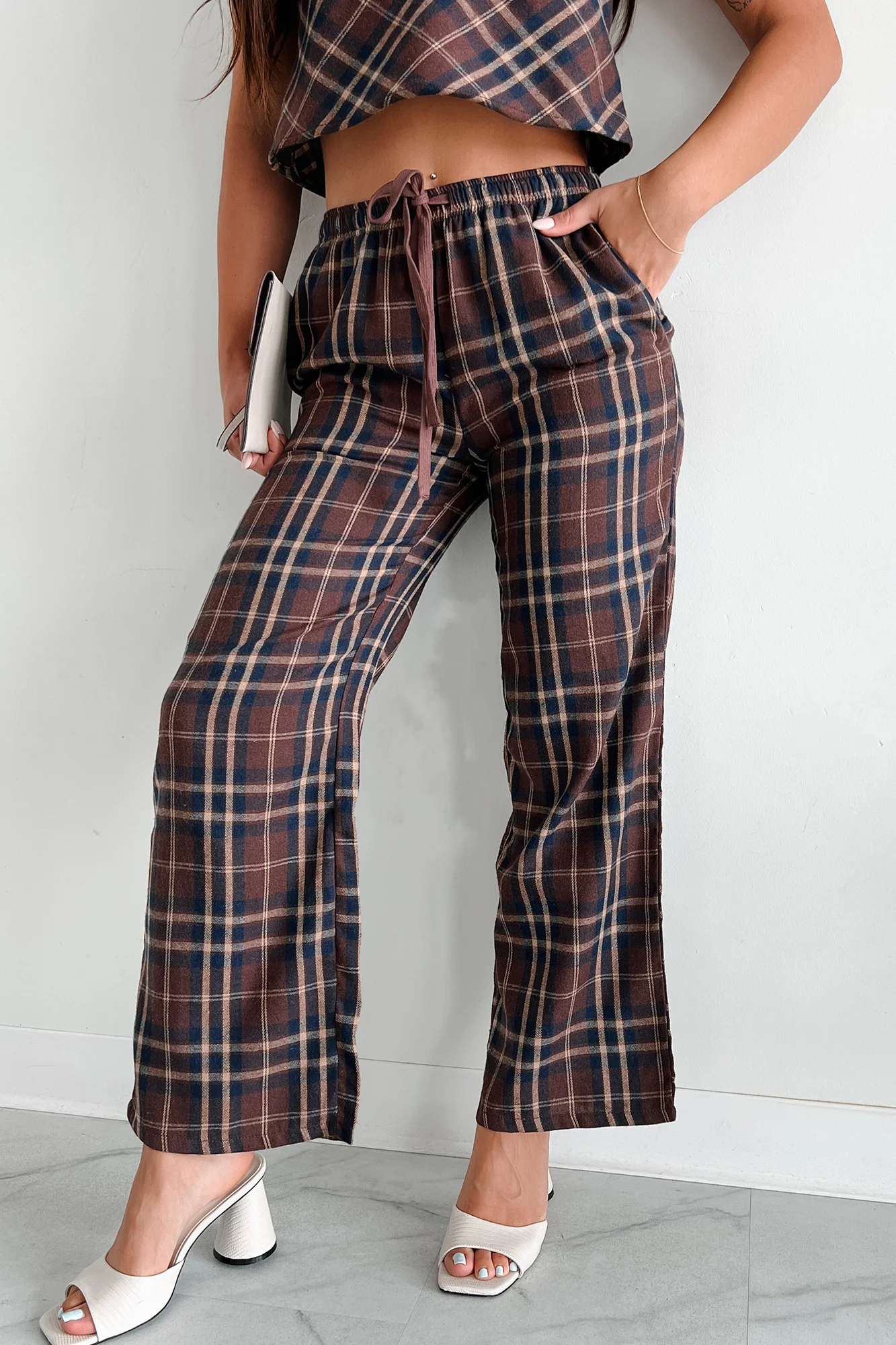 Picnics In September Plaid Flannel Two Piece Set (Brown/Navy) - Image 4