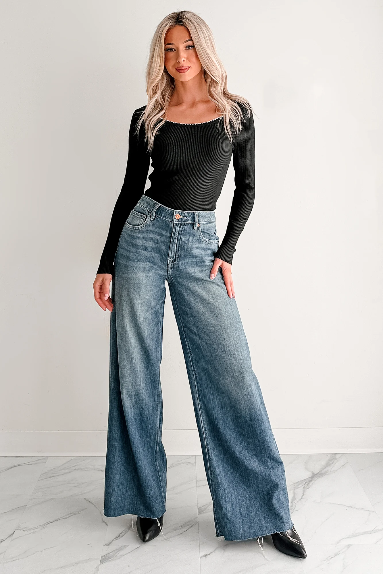 Piece Of Me Rib Knit Contrast Stitch Fitted Long Sleeve Top (Black) - Image 4