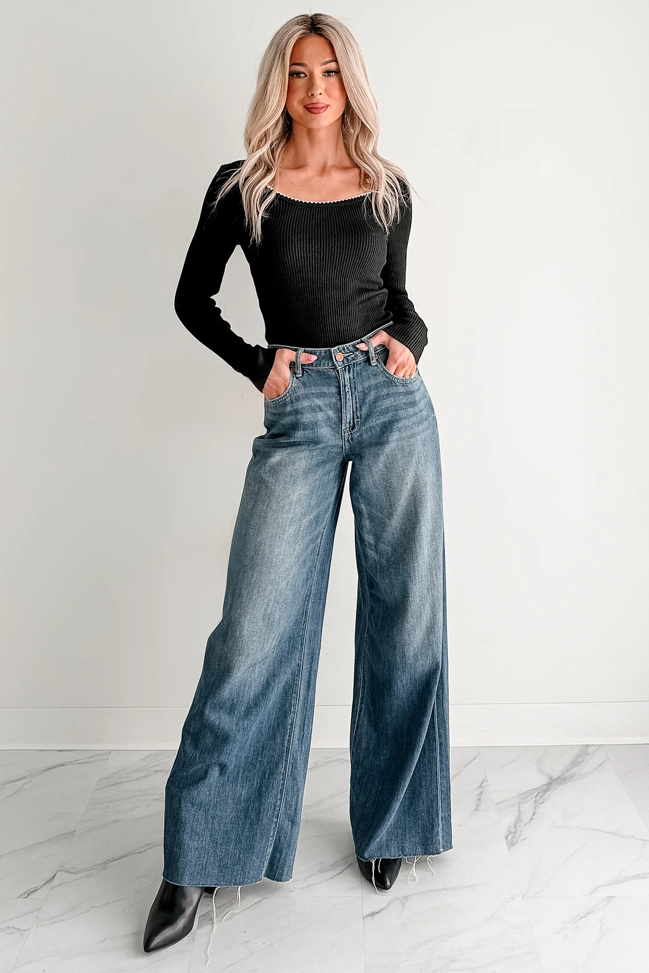 Piece Of Me Rib Knit Contrast Stitch Fitted Long Sleeve Top (Black) - Image 5