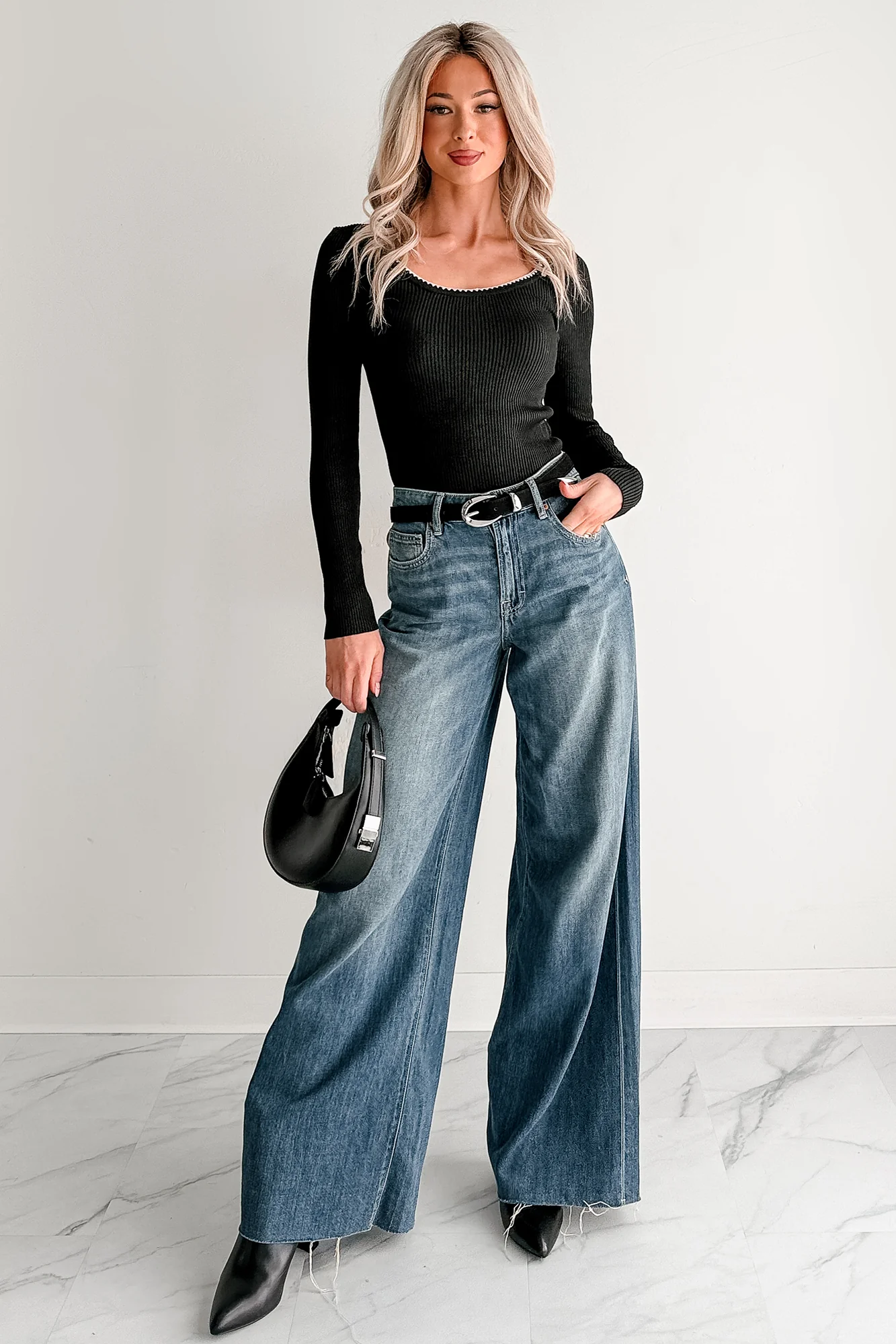 Piece Of Me Rib Knit Contrast Stitch Fitted Long Sleeve Top (Black) - Image 6