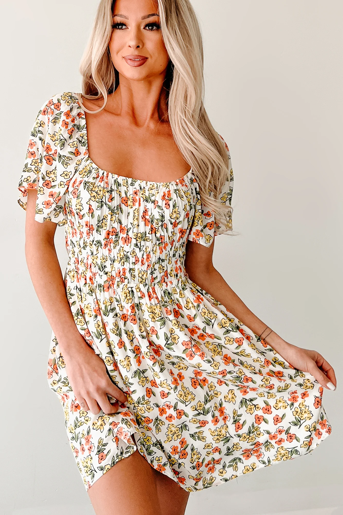 Pink Skies Floral Mini Dress (Cream) - Image 8