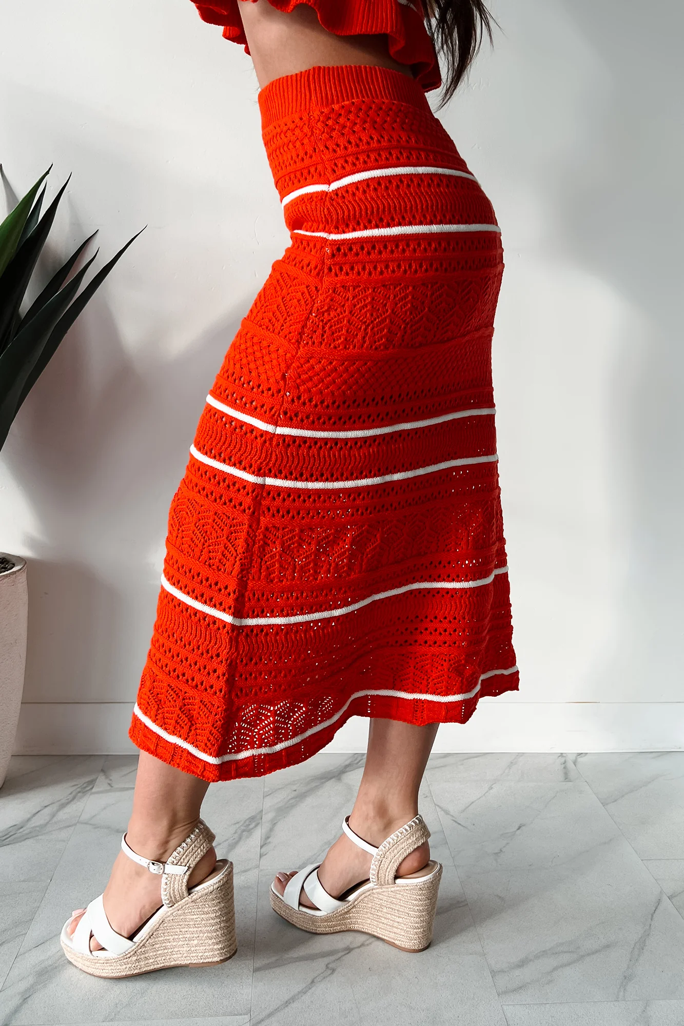 Playful & Pretty Open Knit Sweater Midi Skirt (Red Orange) - Image 4