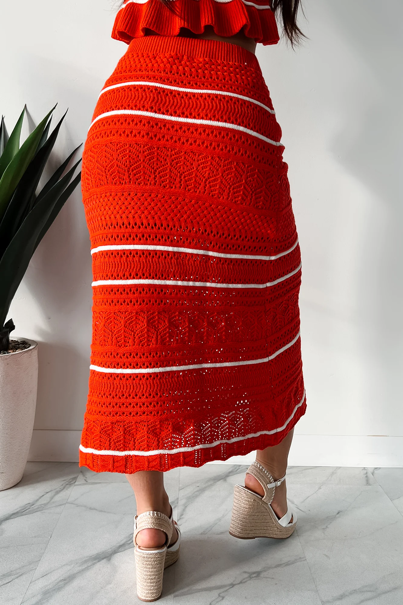 Playful & Pretty Open Knit Sweater Midi Skirt (Red Orange) - Image 5