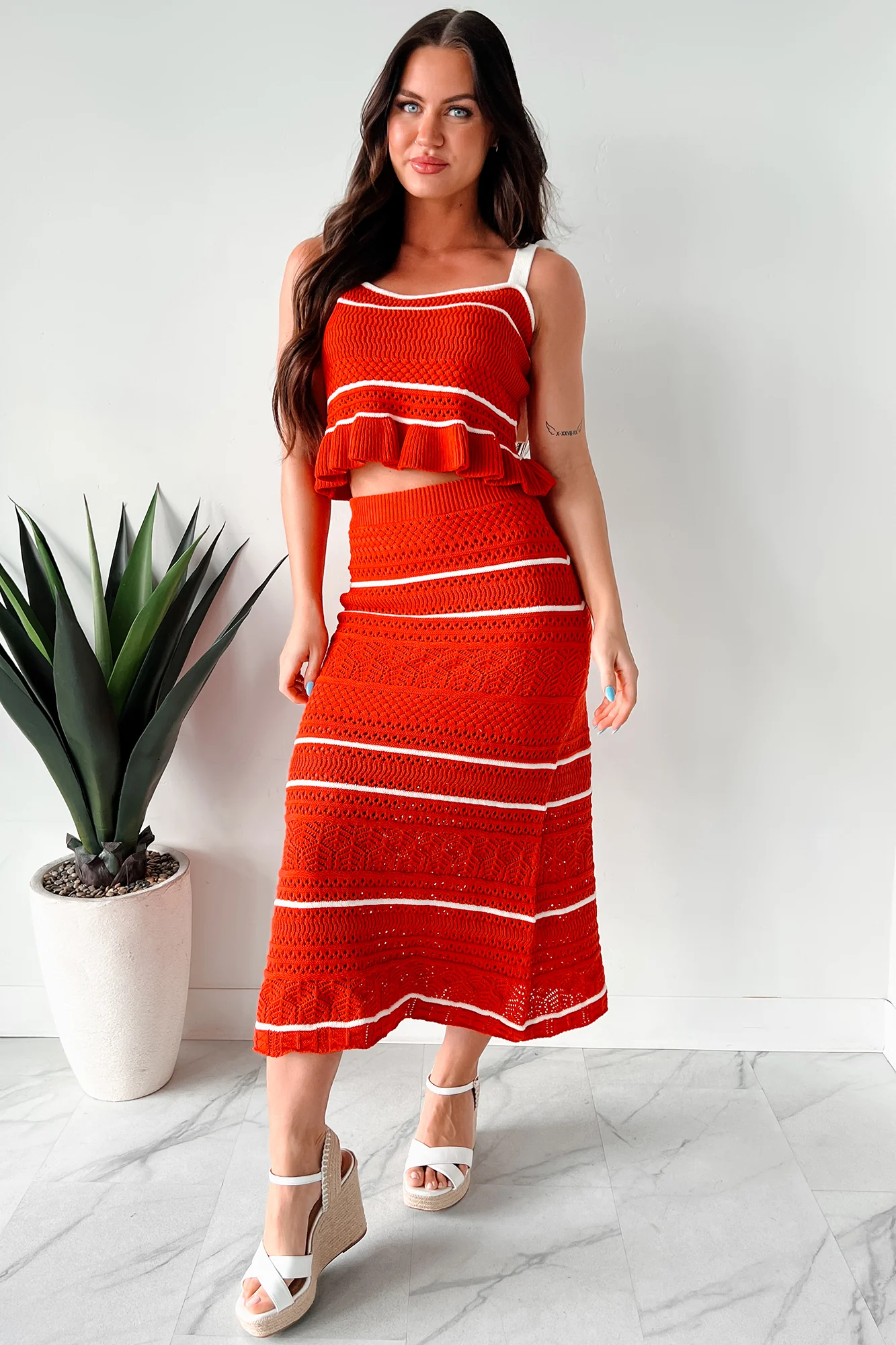 Playful & Pretty Open Knit Sweater Midi Skirt (Red Orange) - Image 8