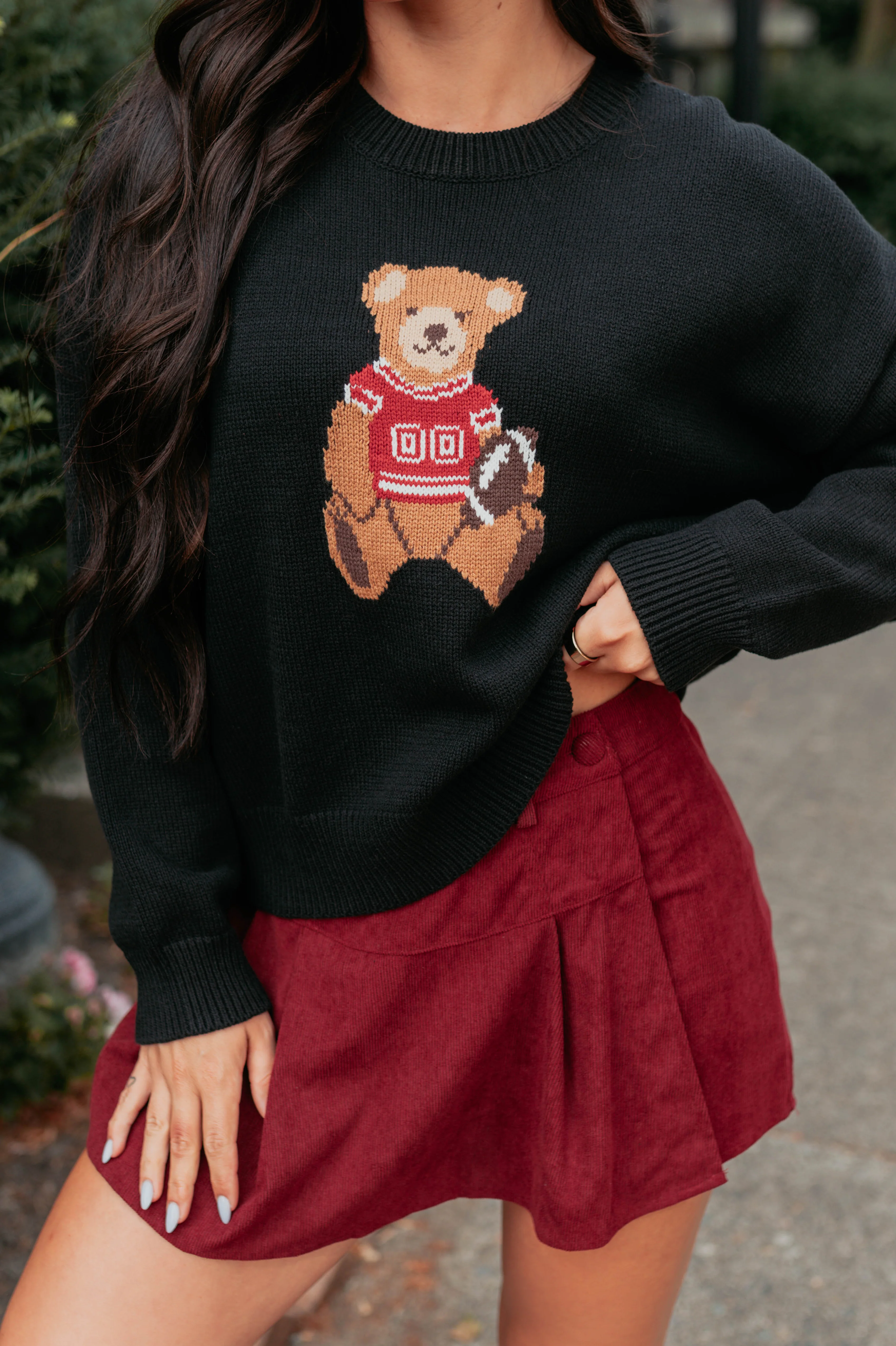Playing For Keeps Teddy Bear Graphic Sweater (Black/Red) - Image 2
