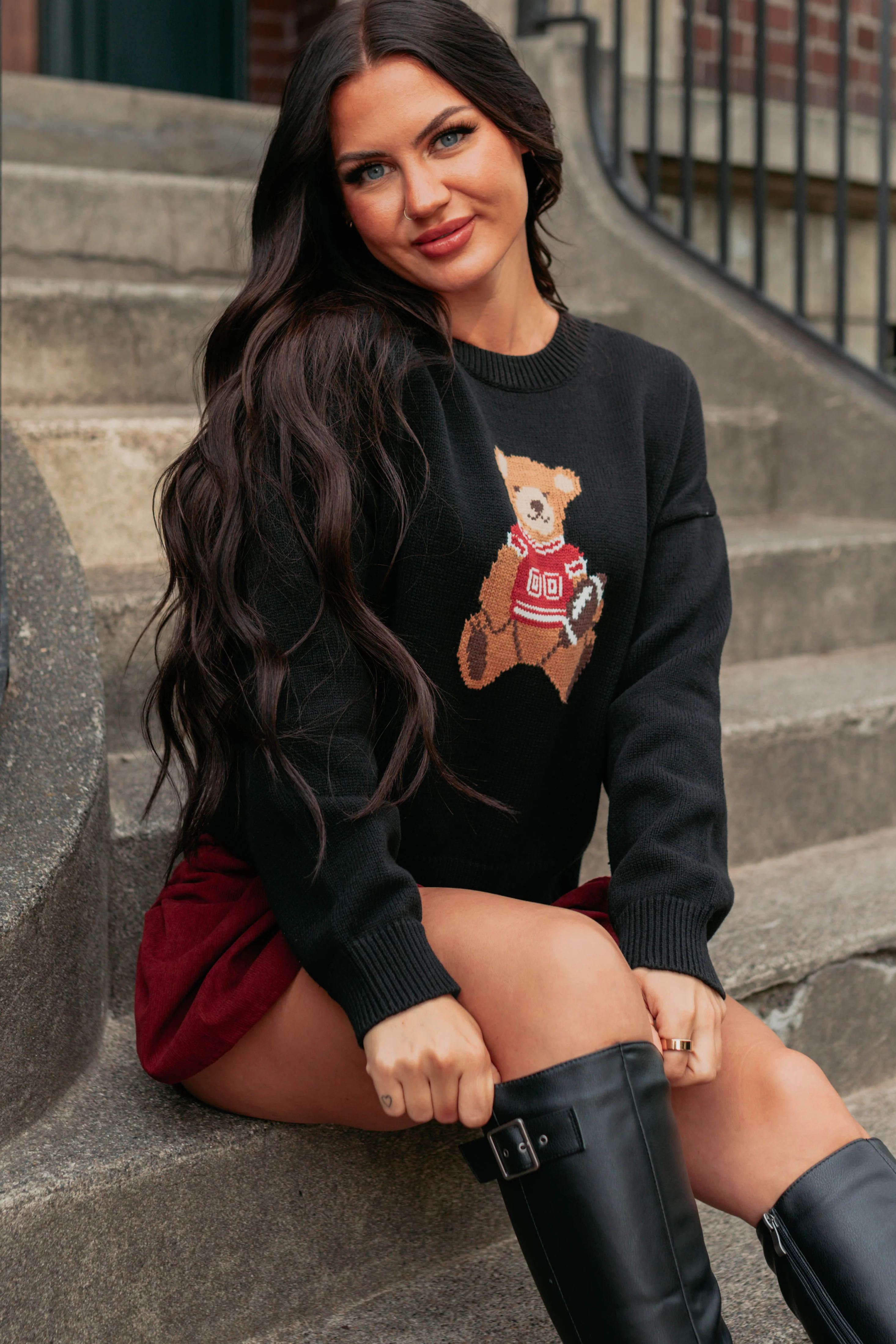 Playing For Keeps Teddy Bear Graphic Sweater (Black/Red) - Image 5