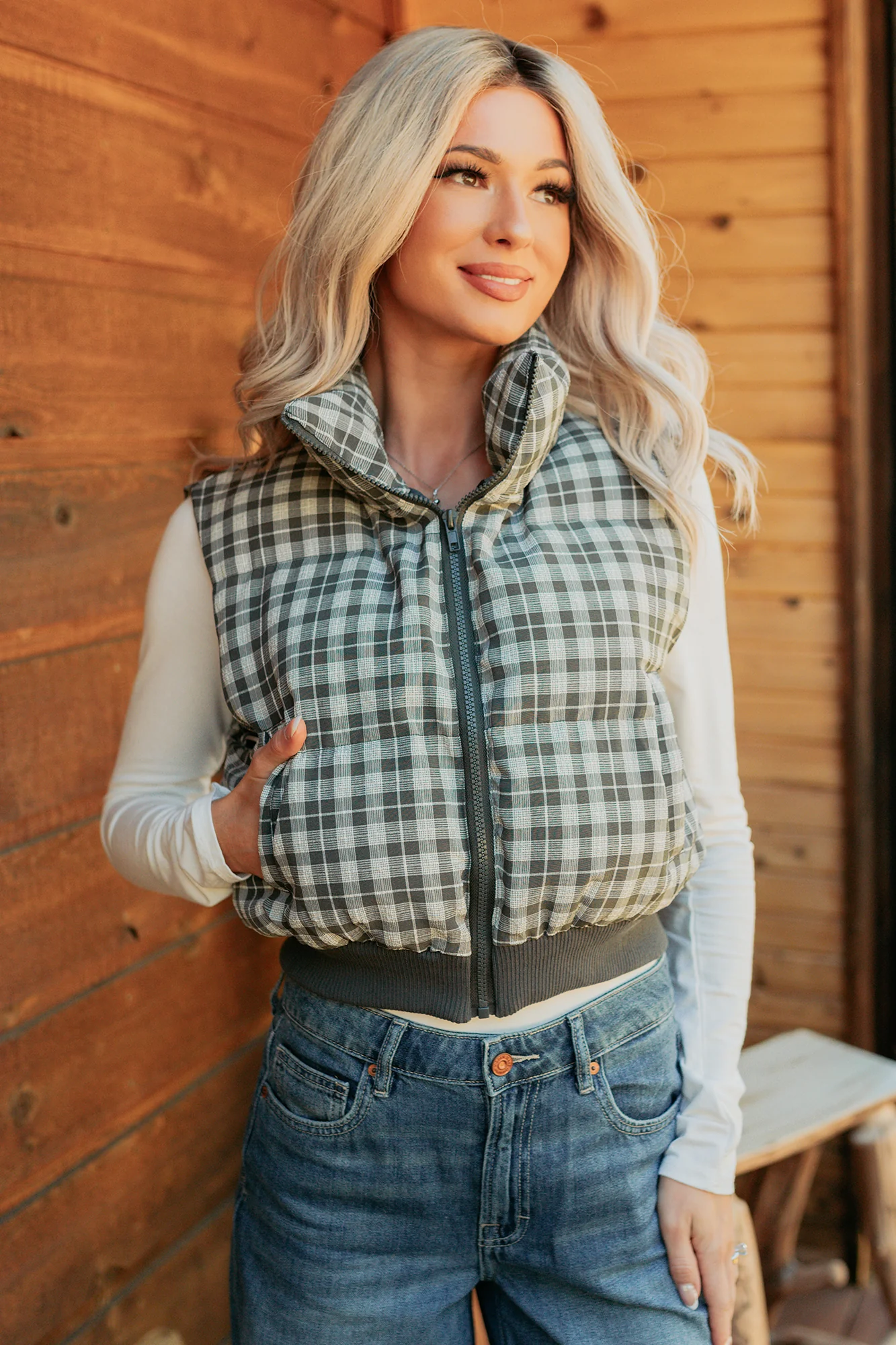 Polished Presence Plaid Puffer Vest (Olive) - Image 4