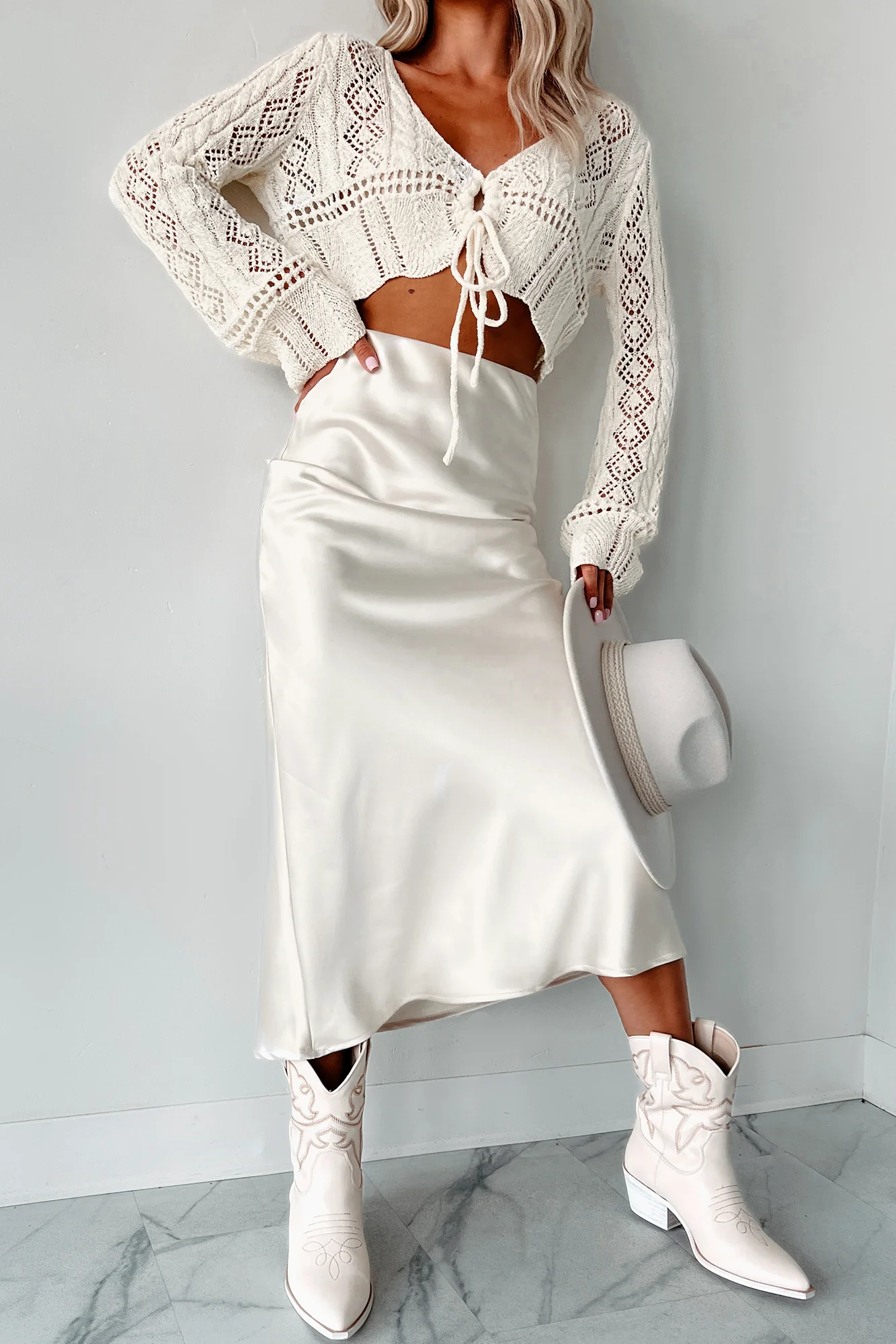 Posh Direction Satin Midi Skirt (Cream) - Image 2