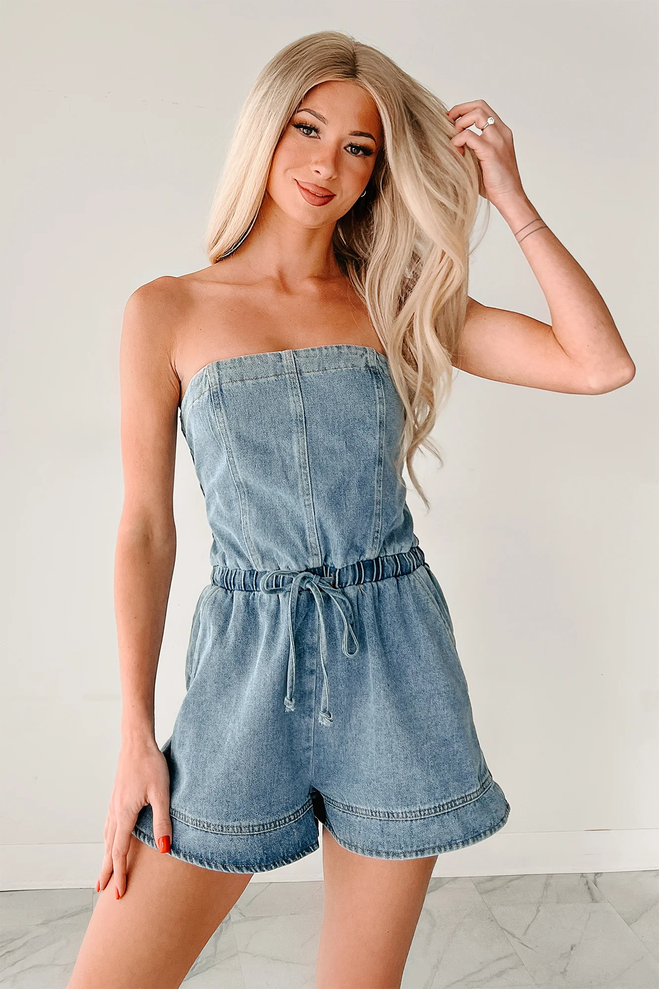 High Noon Honey Strapless Denim Romper (Light Denim) - Image 2