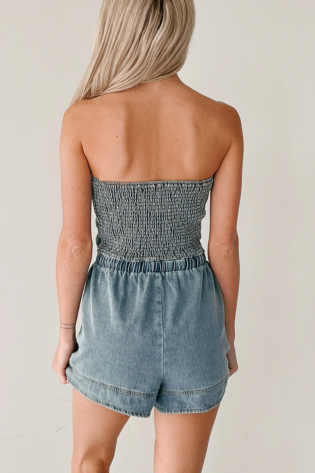 High Noon Honey Strapless Denim Romper (Light Denim) - Image 5