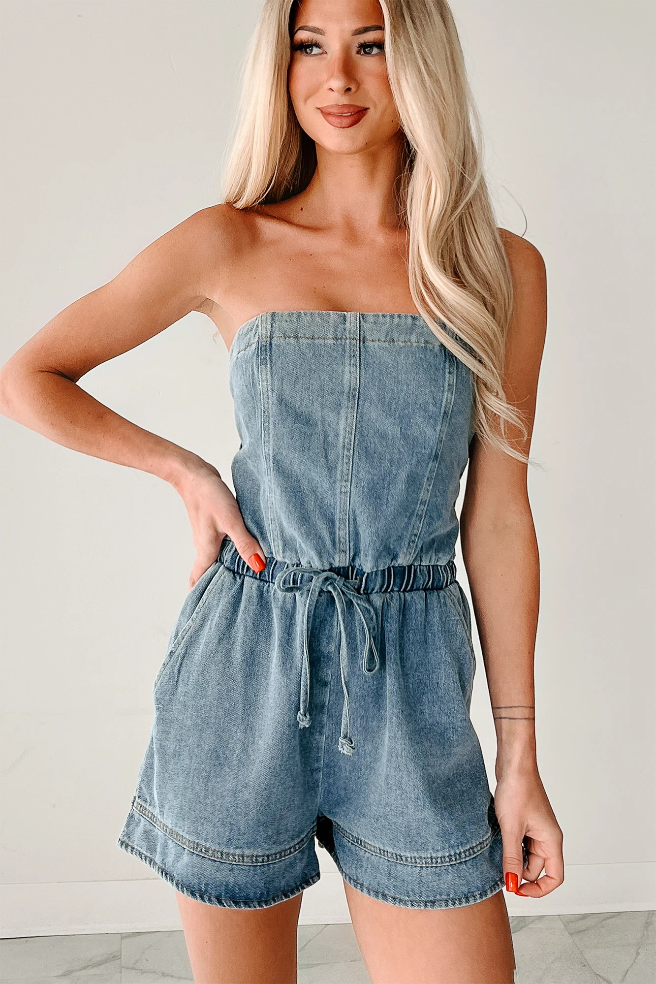 High Noon Honey Strapless Denim Romper (Light Denim) - Image 7