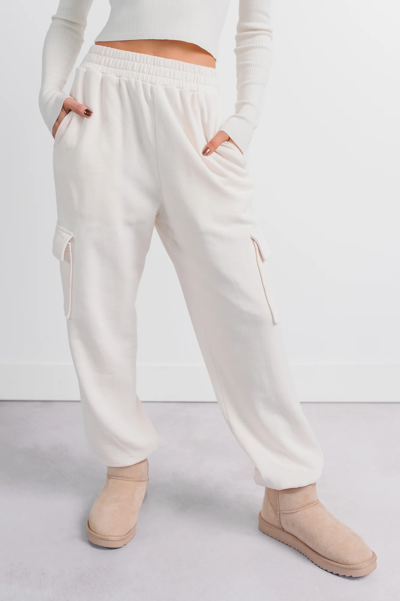 Practicing Patience Fleece Cargo Joggers (Ivory) - Image 11