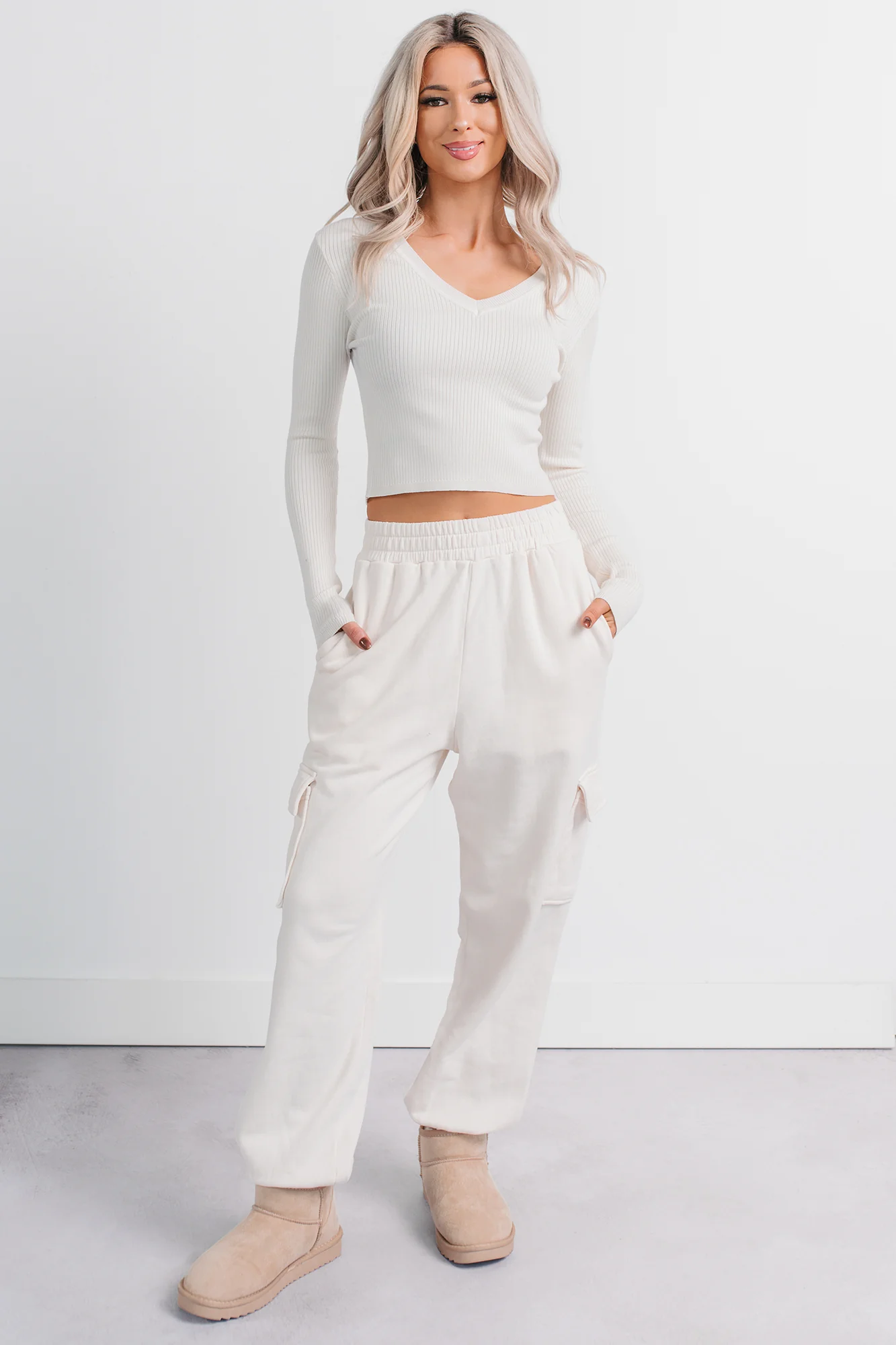 Practicing Patience Fleece Cargo Joggers (Ivory) - Image 9