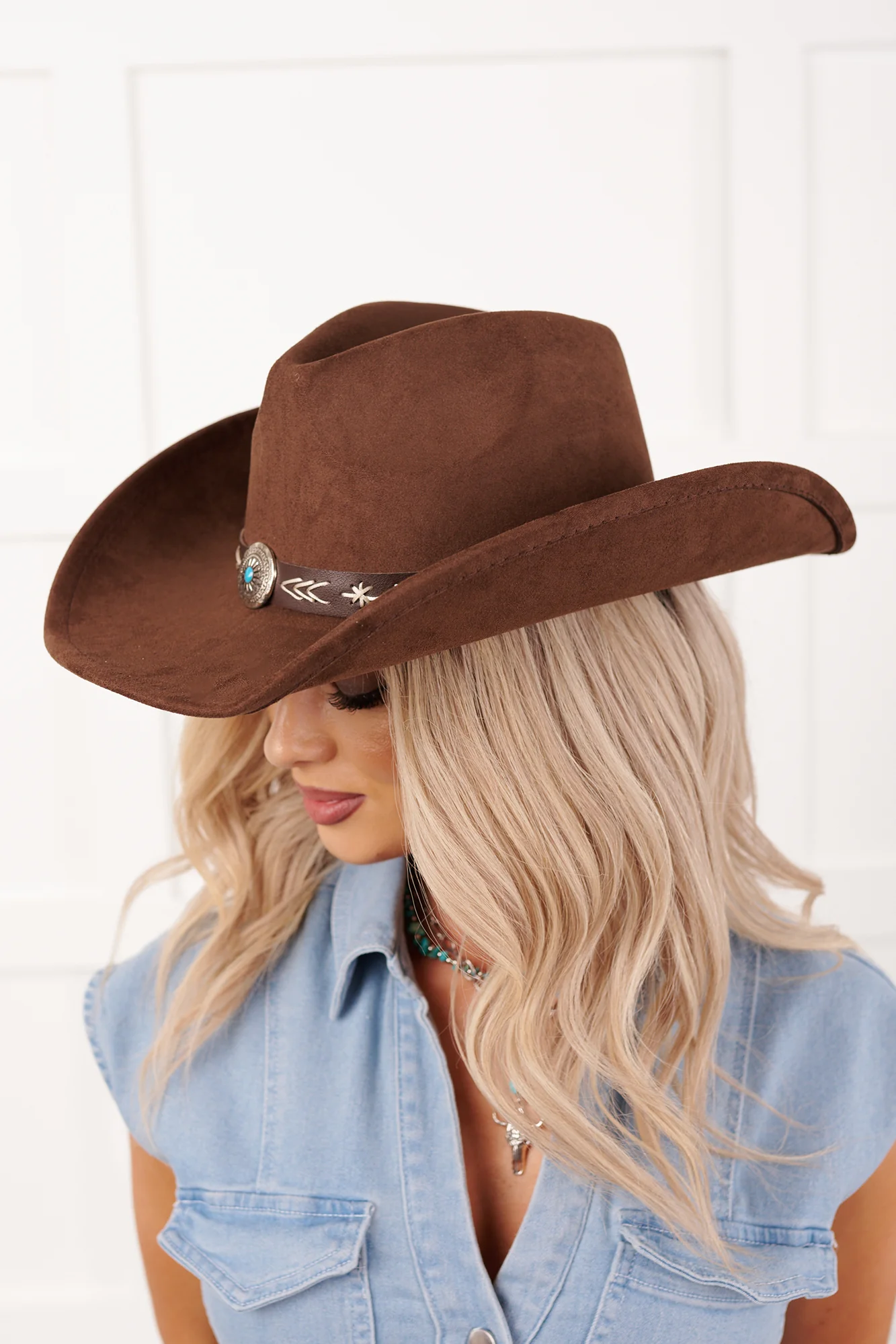 Prairie In Bloom Faux Suede Cowboy Hat (Dark Brown) - Image 2