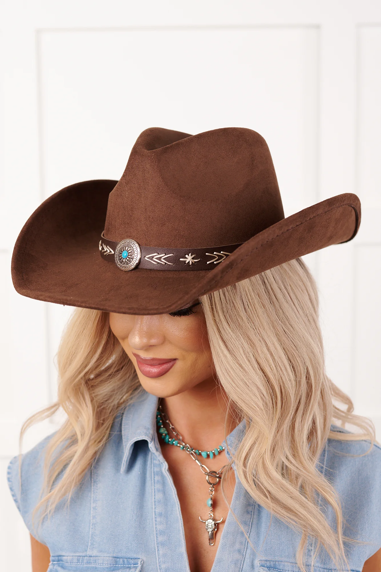 Prairie In Bloom Faux Suede Cowboy Hat (Dark Brown) - Image 4