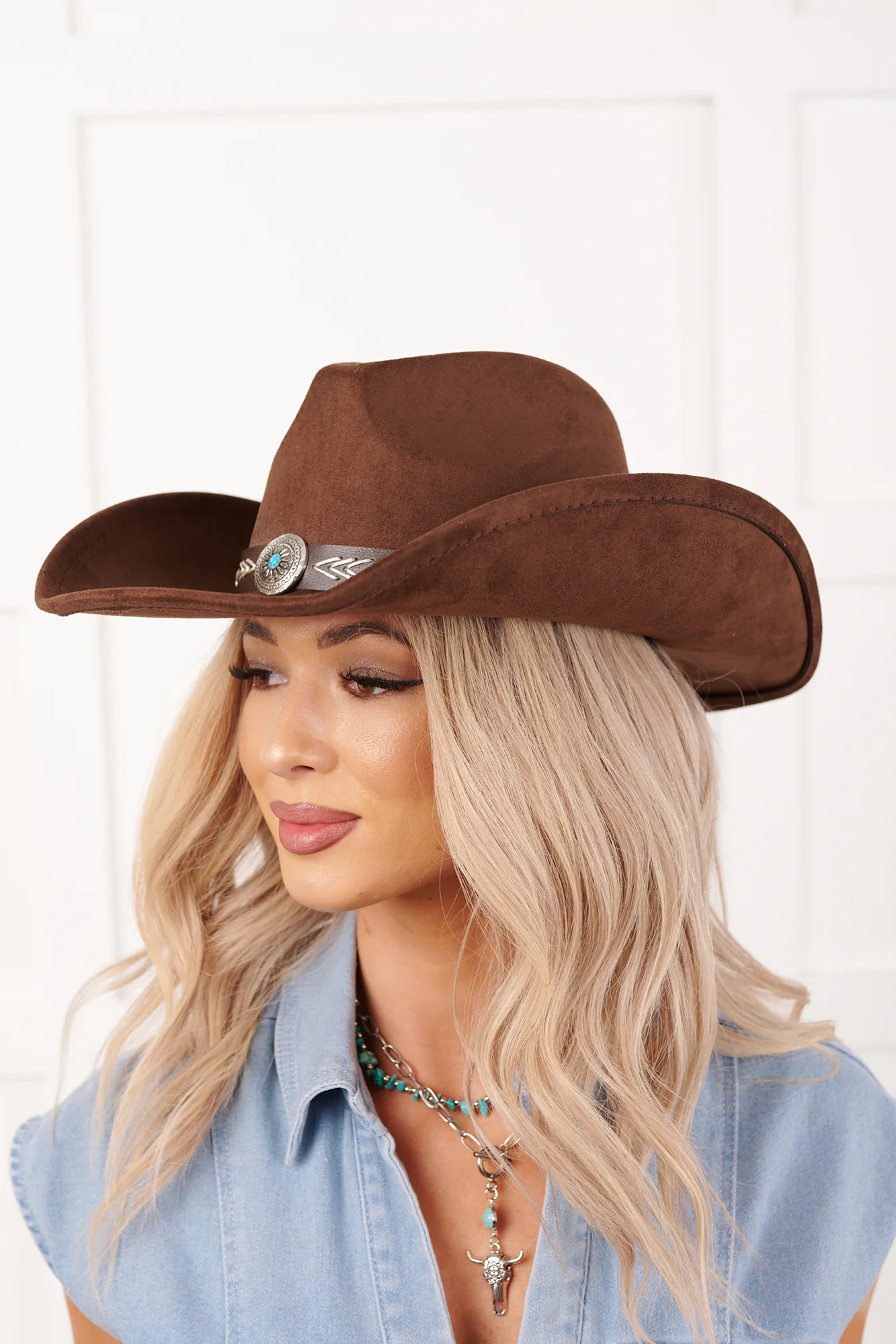 Prairie In Bloom Faux Suede Cowboy Hat (Dark Brown) - Image 5