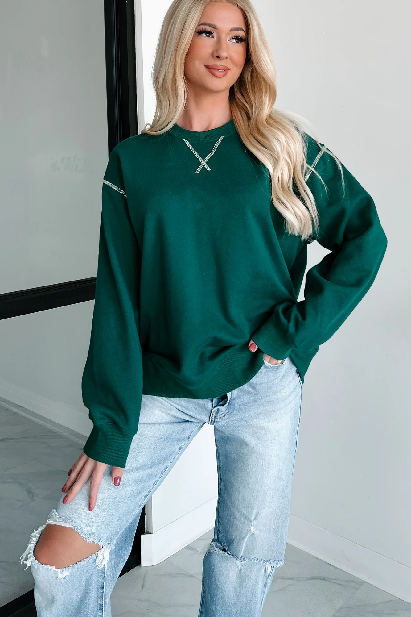 Pressing Pause Oversized Crewneck Sweatshirt (Hunter Green) - Image 4