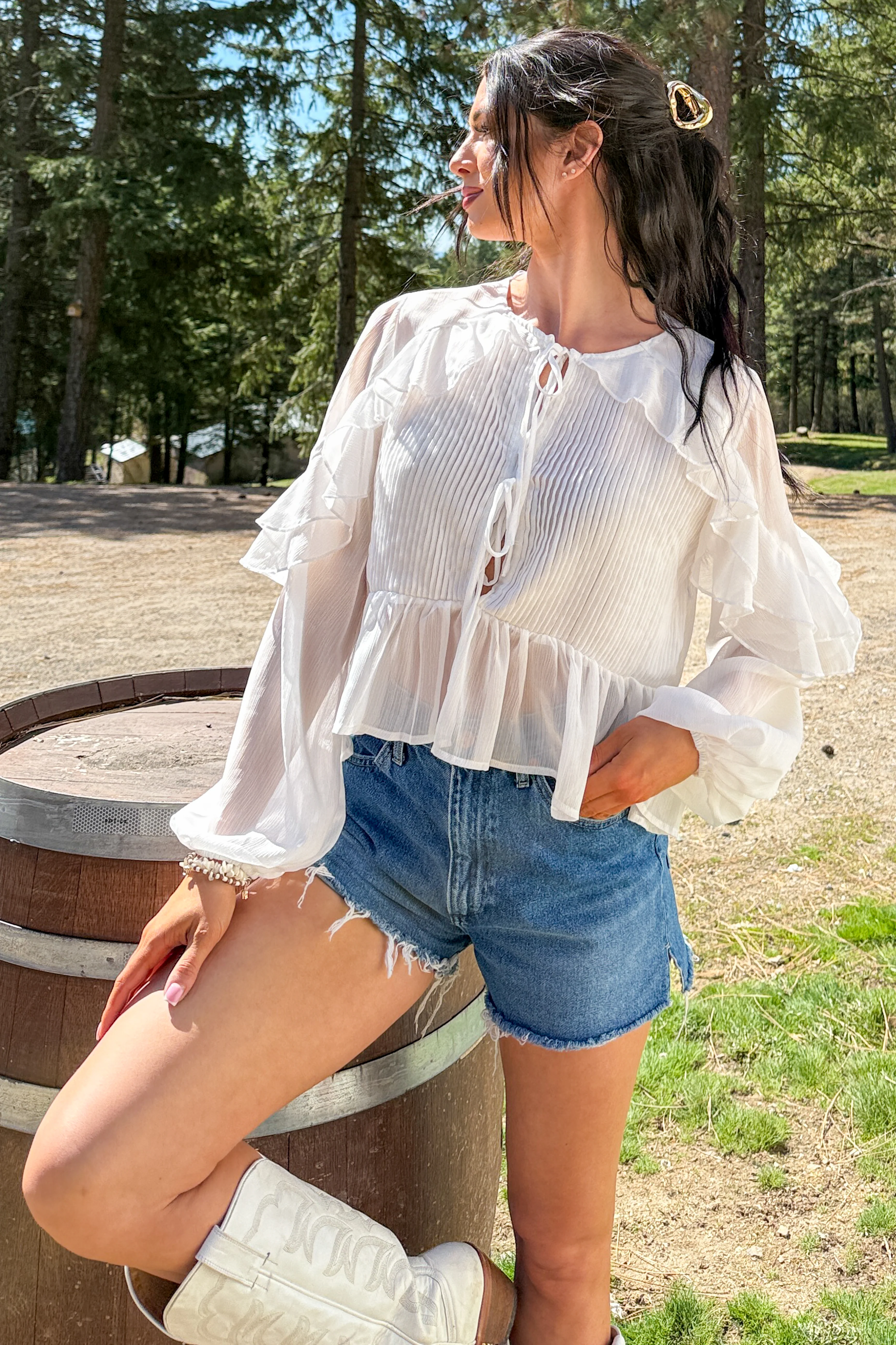 Pretty Mischief Pintuck Open Tie Front Peplum Blouse (Ivory) - Image 2