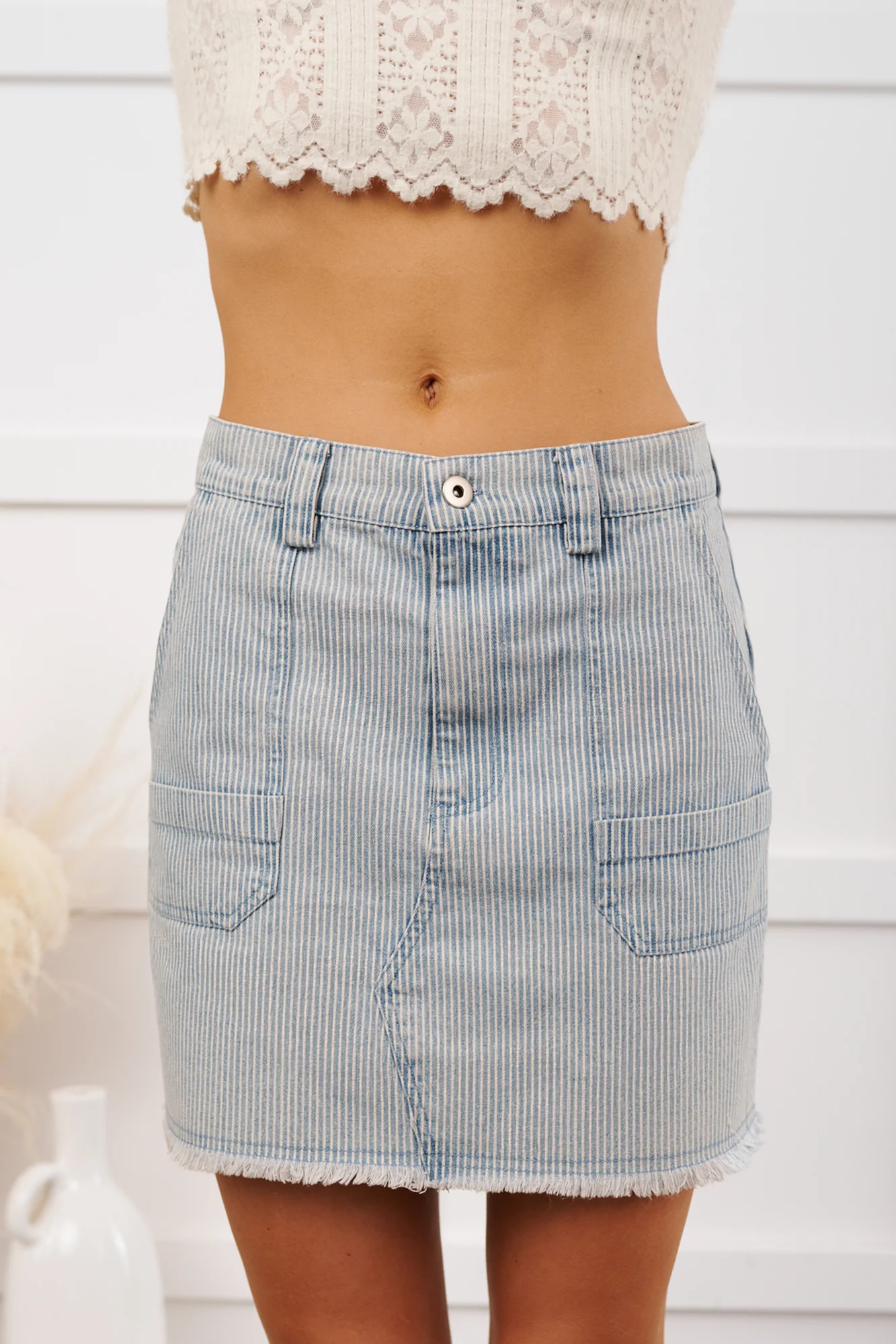 Pretty Priority Striped Denim Mini Skirt (Light) - Image 4