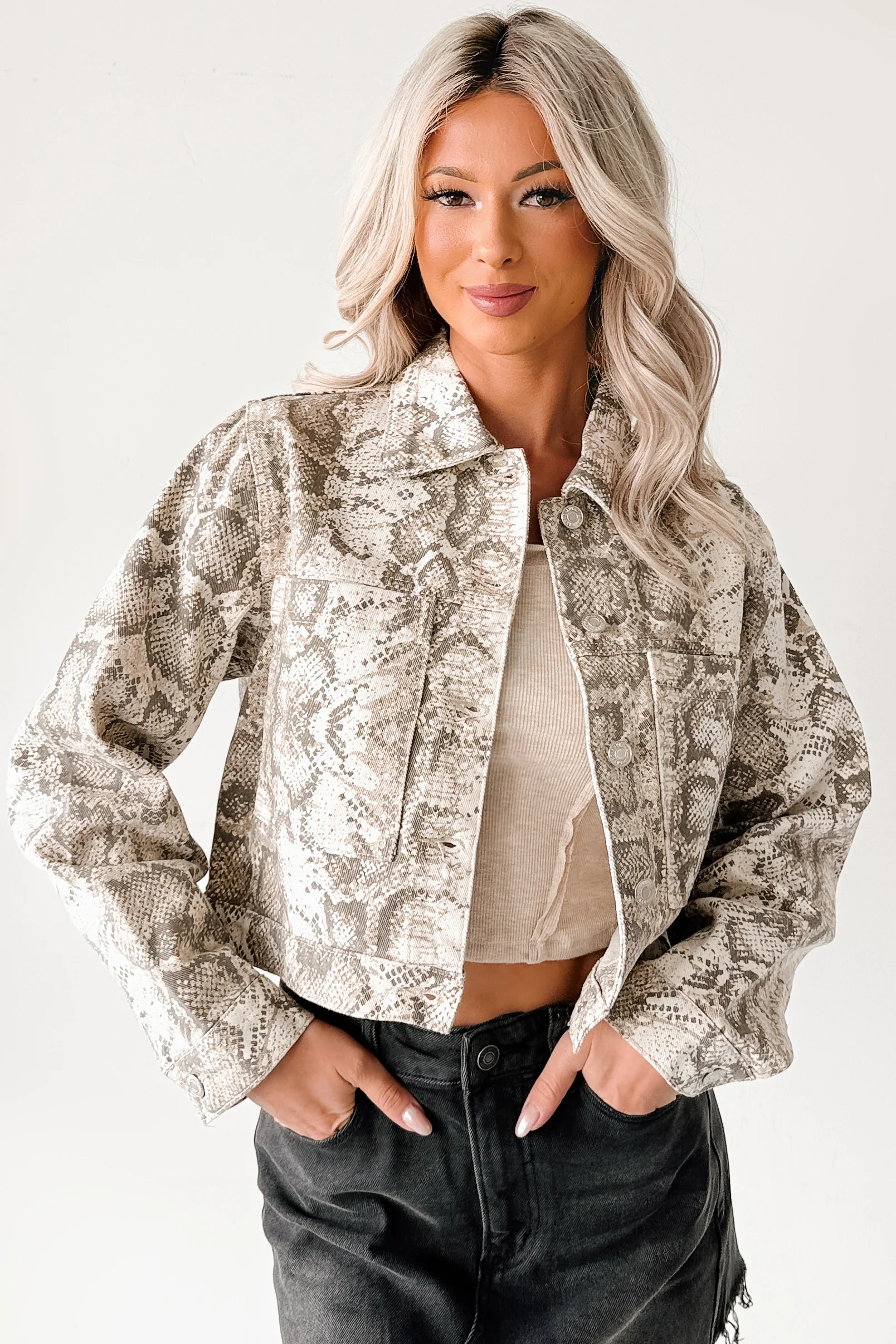 Prime Times Denim Snake Print Jacket (Taupe) - Image 4