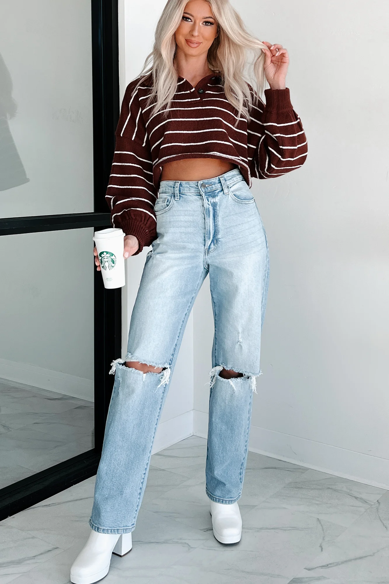 Prioritizing My Peace Collared Stripe Sweater (Dark Cherry) - Image 2