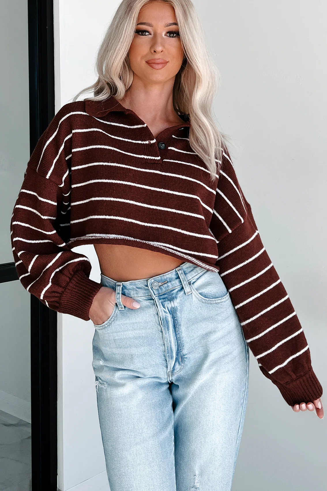 Prioritizing My Peace Collared Stripe Sweater (Dark Cherry) - Image 6