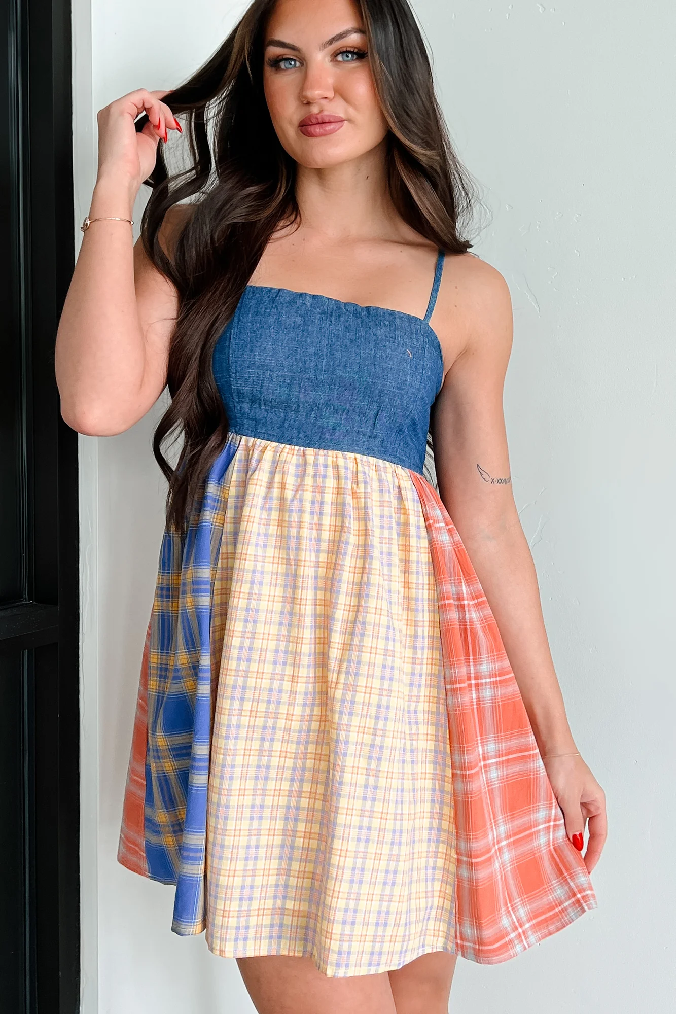 Punk Goes Cute Denim Plaid Mini Dress (Multi) - Image 5