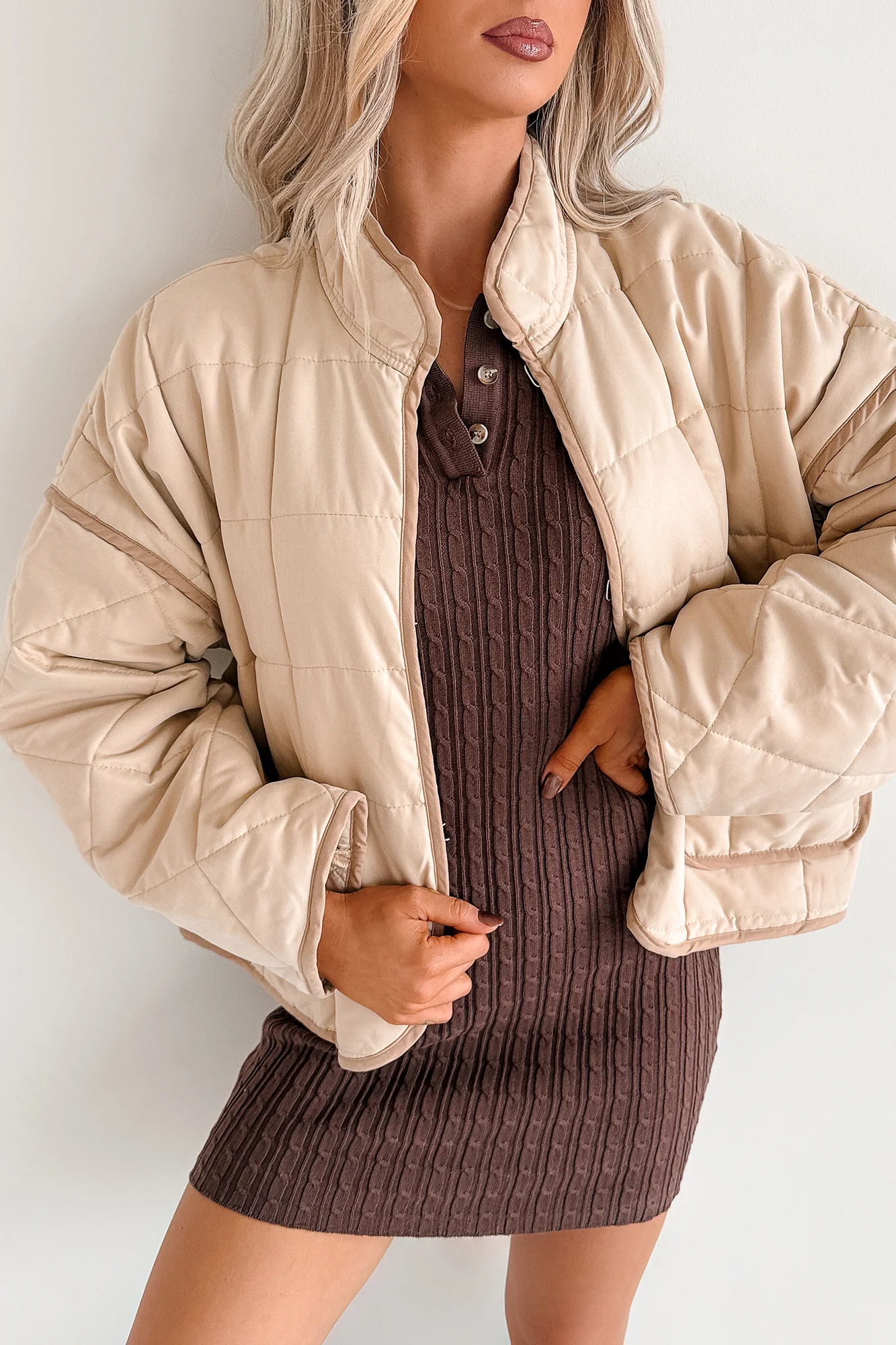 Pure Desire Contrast Trim Quilted Puffer Jacket (Beige) - Image 2