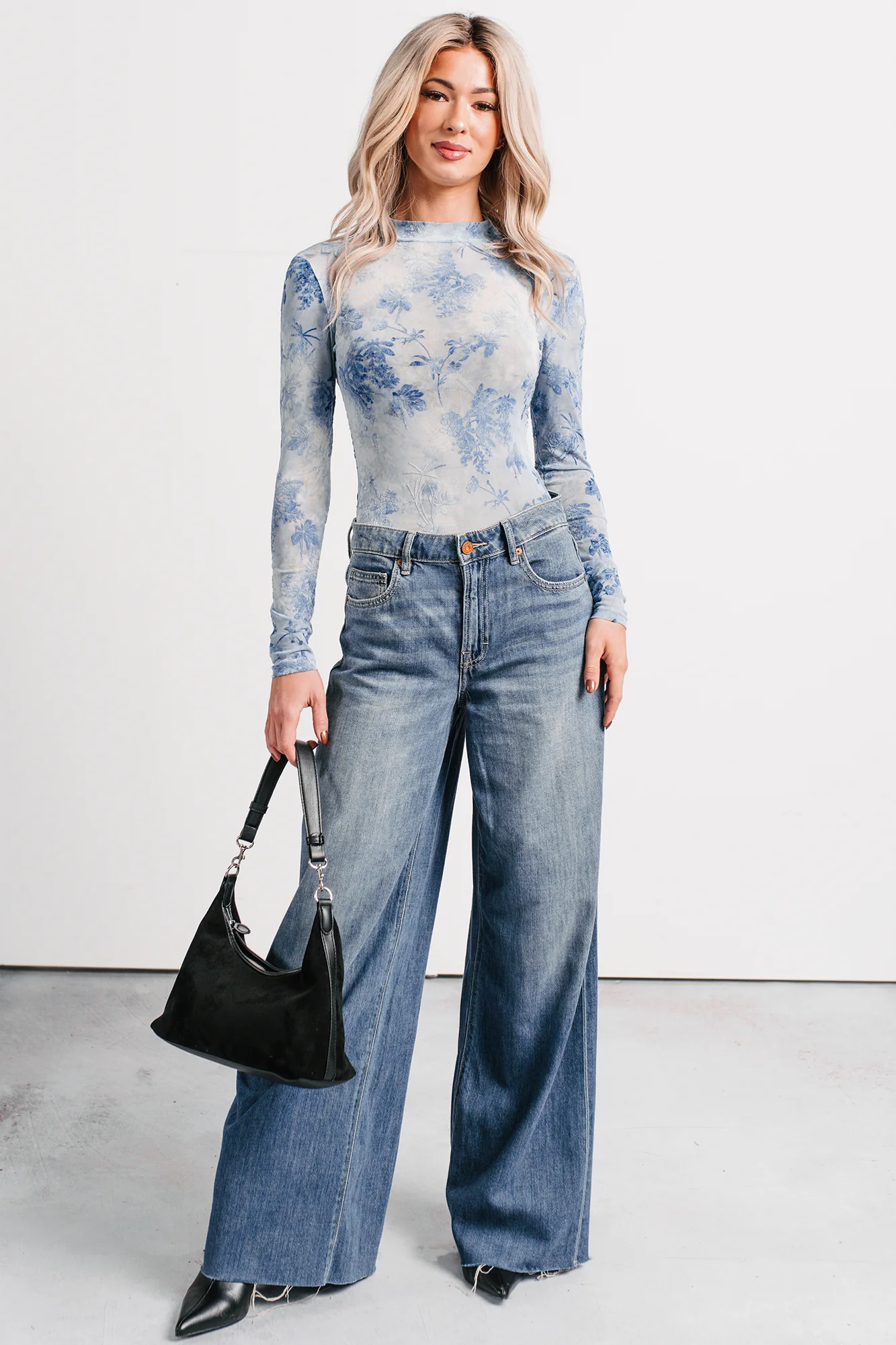 Purely Pretty Floral Print Mesh Bodysuit (Blue) - Image 3