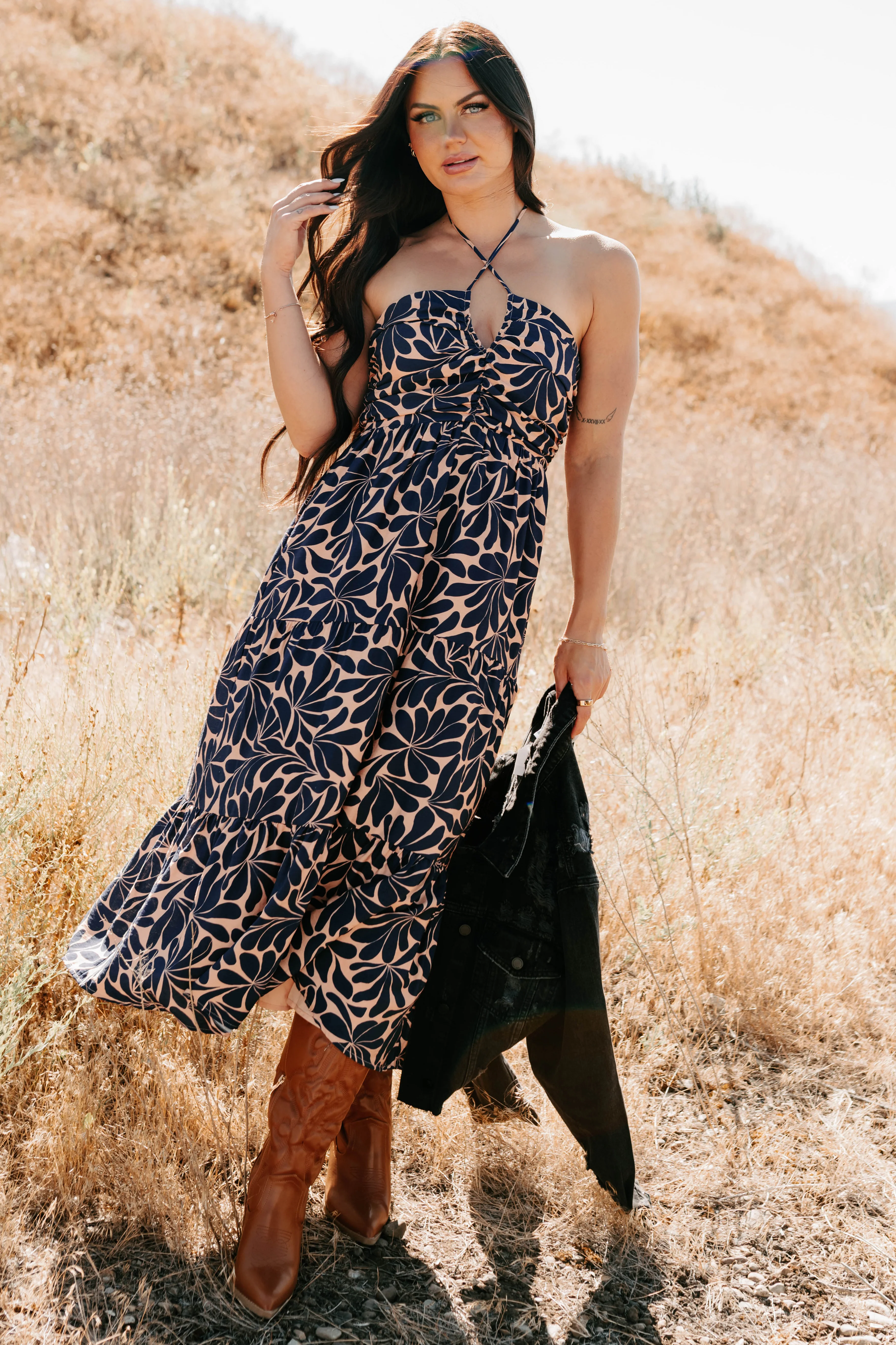 Purpose Driven Printed Halter Midi Dress (Navy/Clay) - Image 3