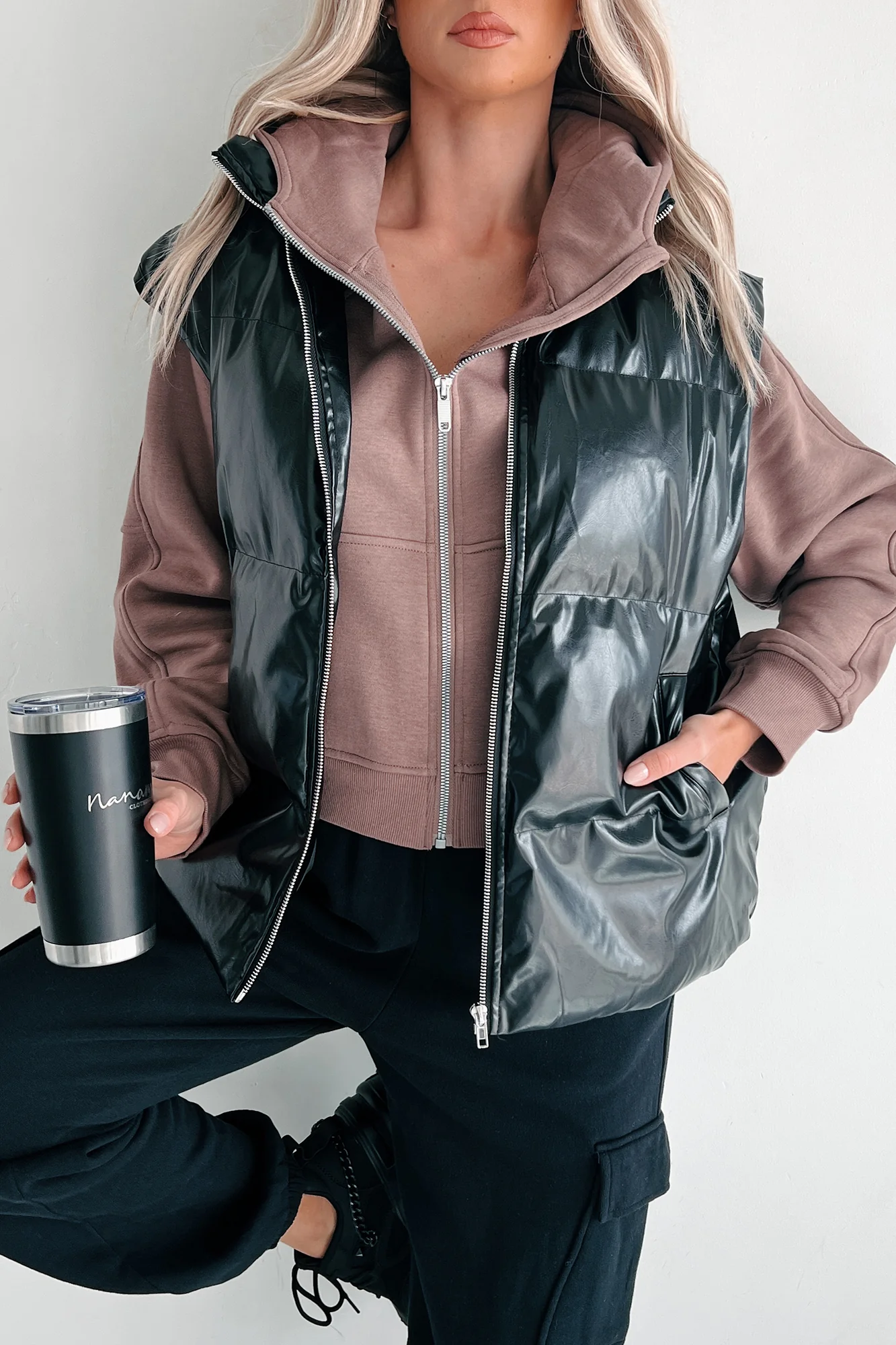 Put You In Your Place Patent Leather Puffer Vest (Black) - Image 3