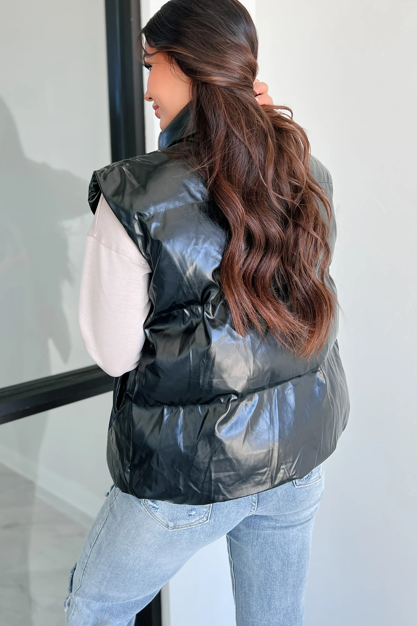 Put You In Your Place Patent Leather Puffer Vest (Black) - Image 9