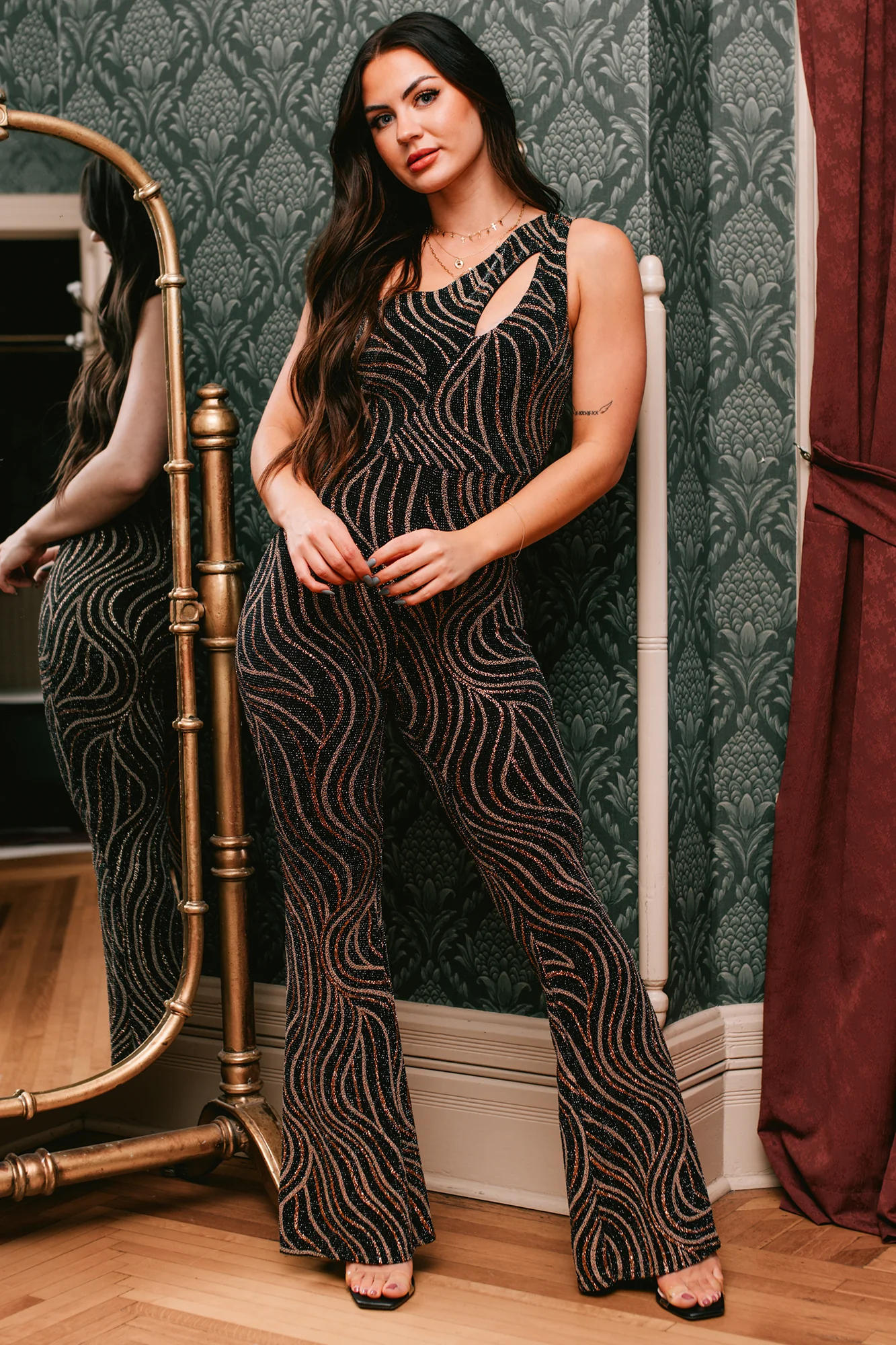 Queen Of Compliments Metallic Glitter Jumpsuit (Black/Gold) - Image 4