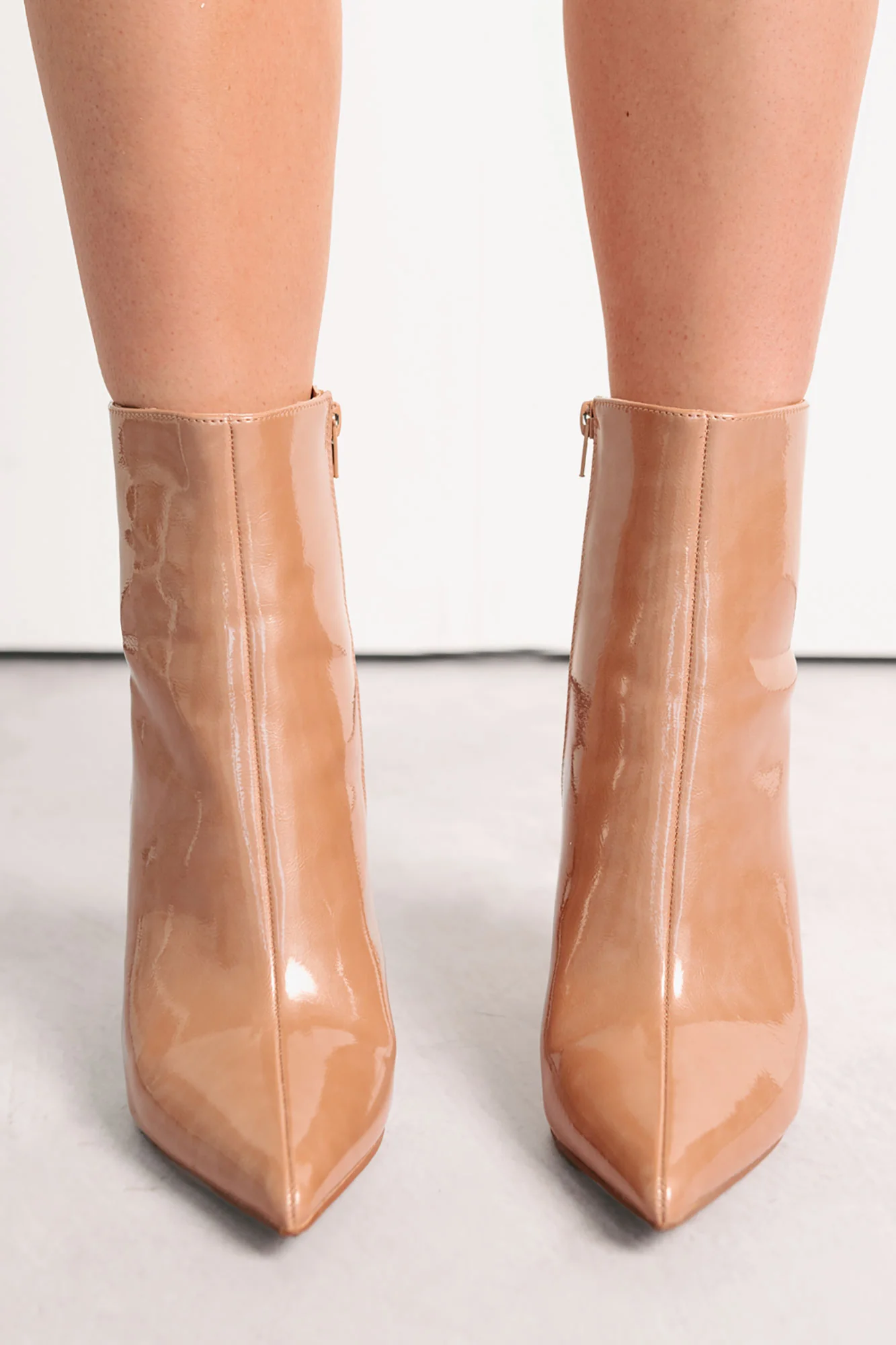 Queen Status Pointed Toe Heeled Booties (Nude Patent) - Image 2