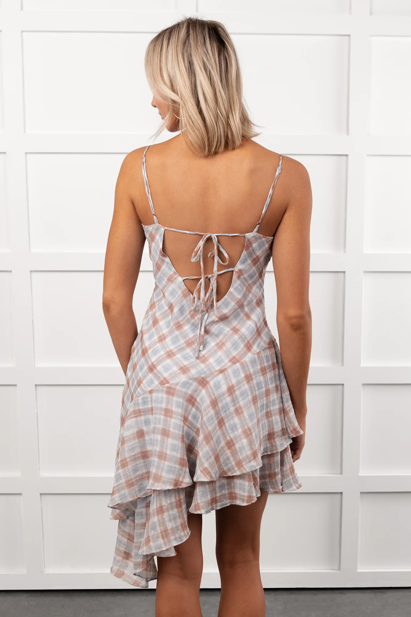 Queening Out Plaid Asymmetrical Mini Dress (Taupe/Grey) - Image 2