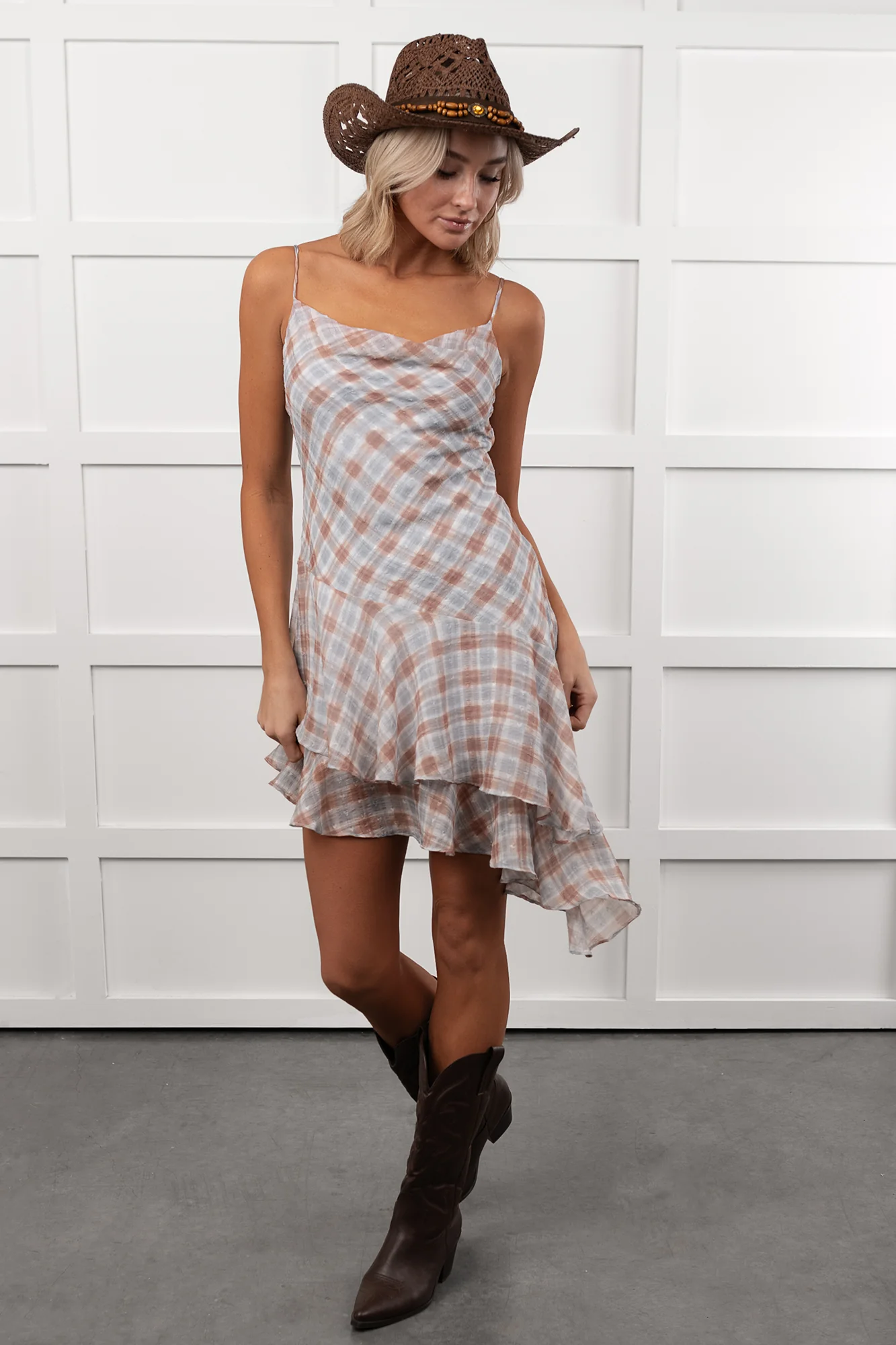 Queening Out Plaid Asymmetrical Mini Dress (Taupe/Grey) - Image 3