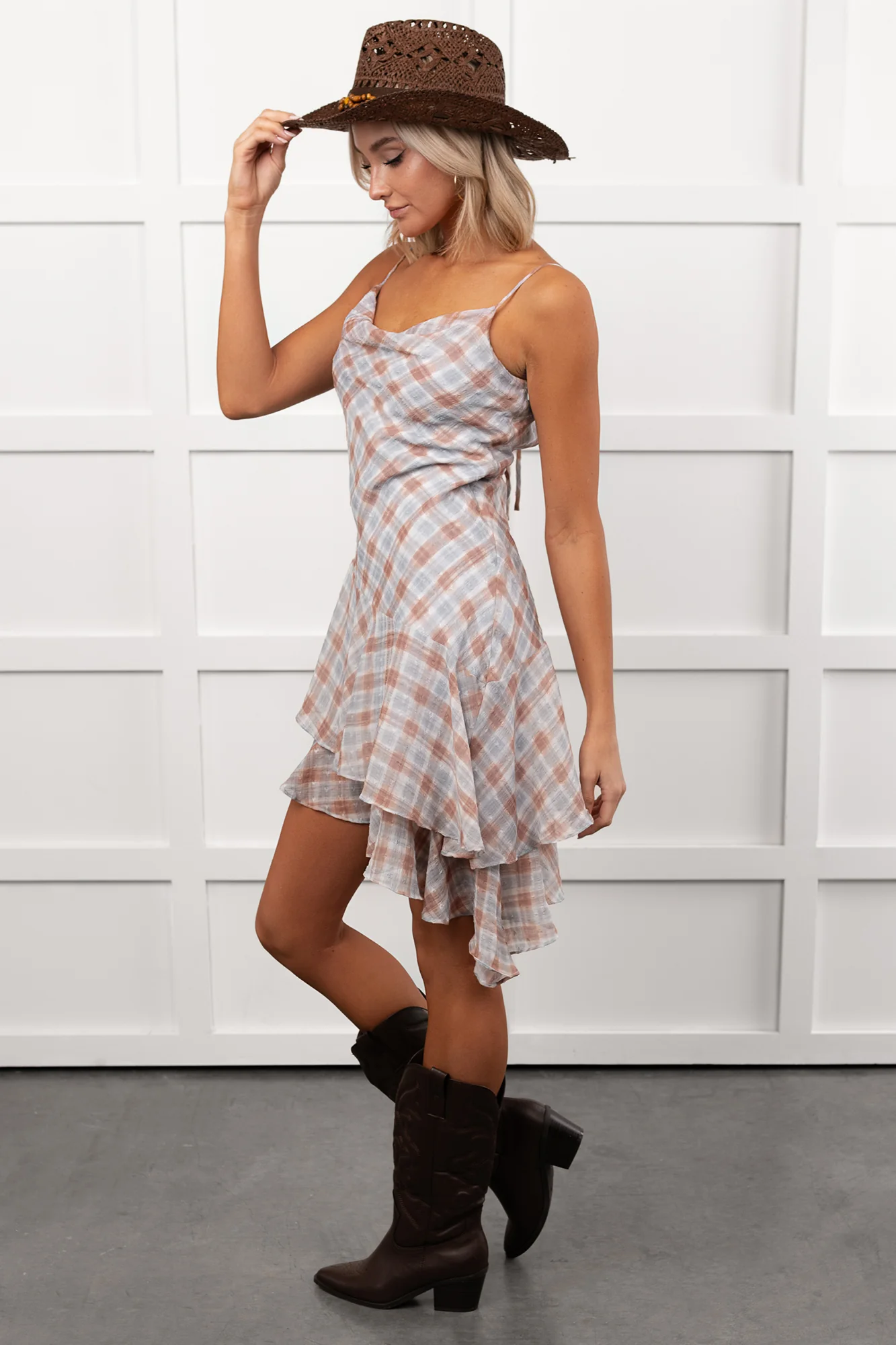 Queening Out Plaid Asymmetrical Mini Dress (Taupe/Grey) - Image 8
